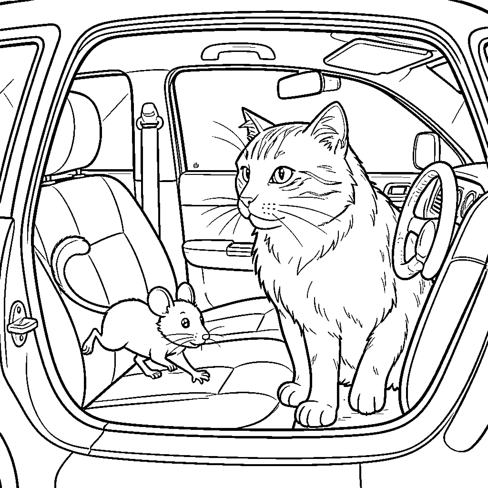 Mouse and cat in a car Coloring Page (free black-and-white line drawing printable PDF for all, from beginners to advanced learners, including children, teens, adults, and seniors)