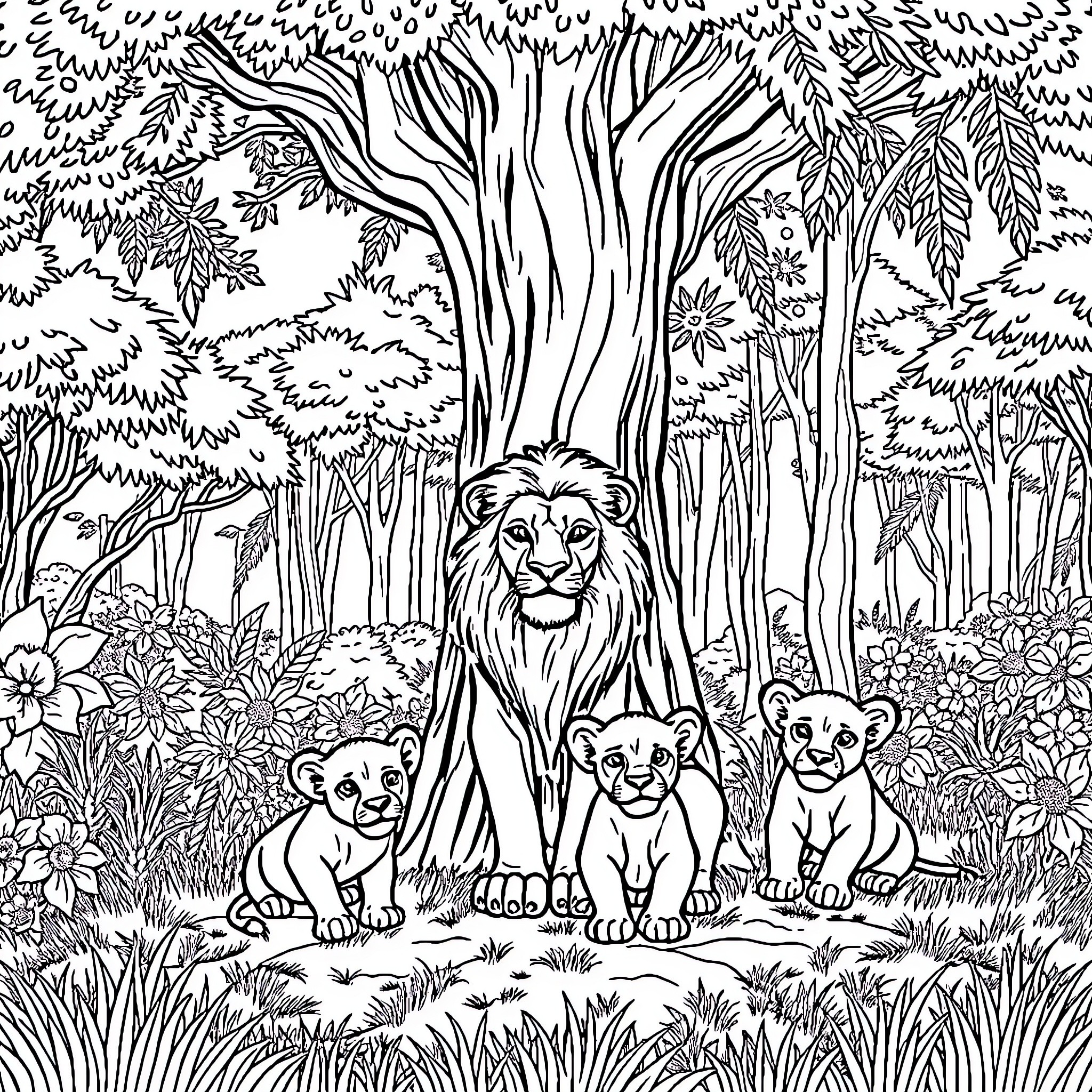 Lioness and cubs in the lush jungle Coloring Page (free black-and-white line drawing printable PDF for all, from beginners to advanced learners, including children, teens, adults, and seniors)