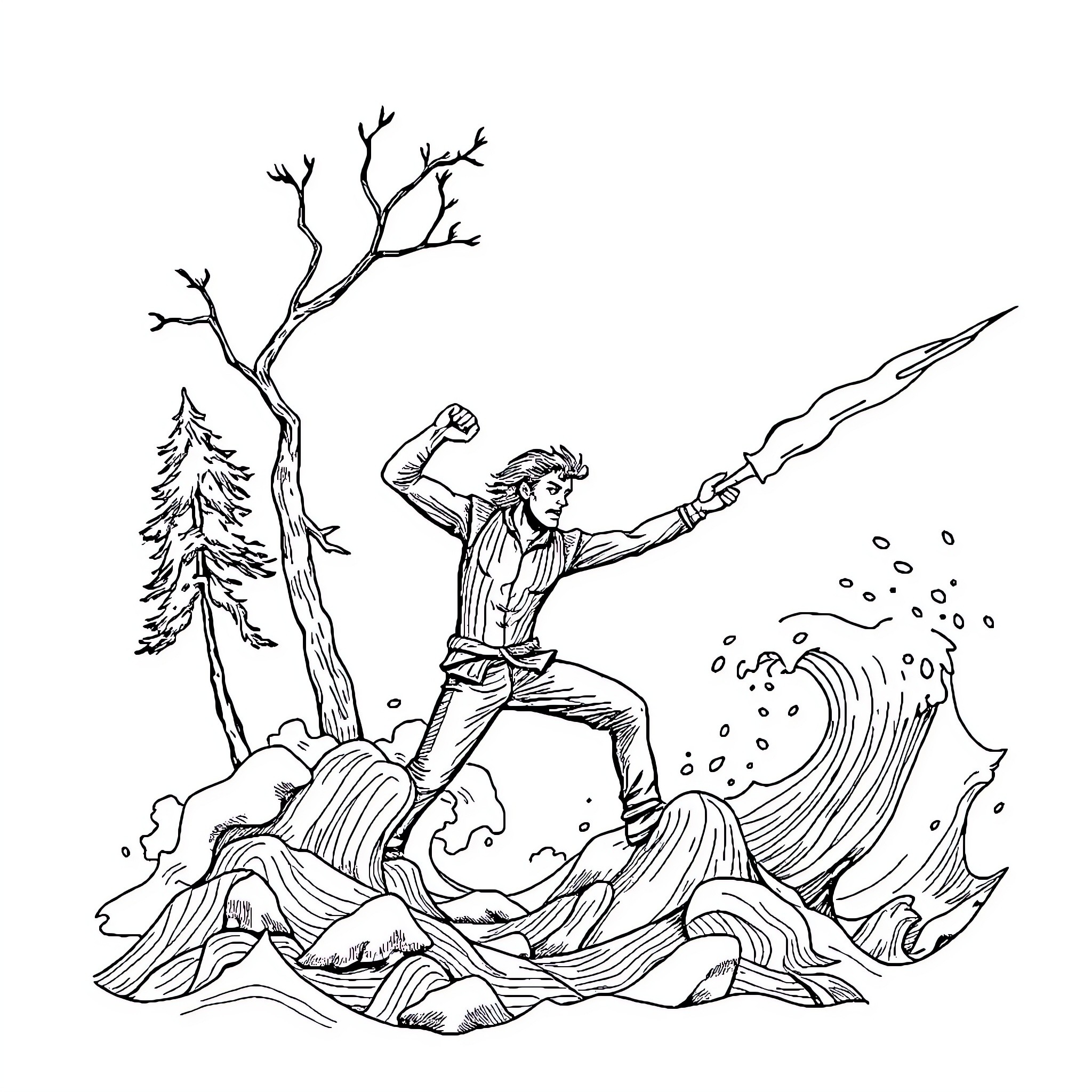 Man battling fierce waves in the wilderness Coloring Page (free black-and-white line drawing printable PDF for all, from beginners to advanced learners, including children, teens, adults, and seniors)