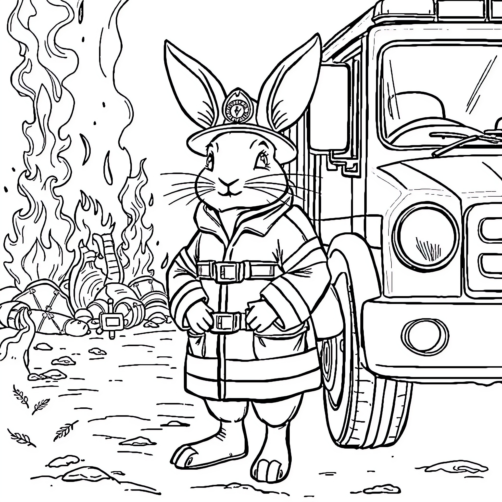Hare Firefighter Battling Blaze Near Truck Coloring Page (free black-and-white line drawing printable PDF for all, from beginners to advanced learners, including children, teens, adults, and seniors)