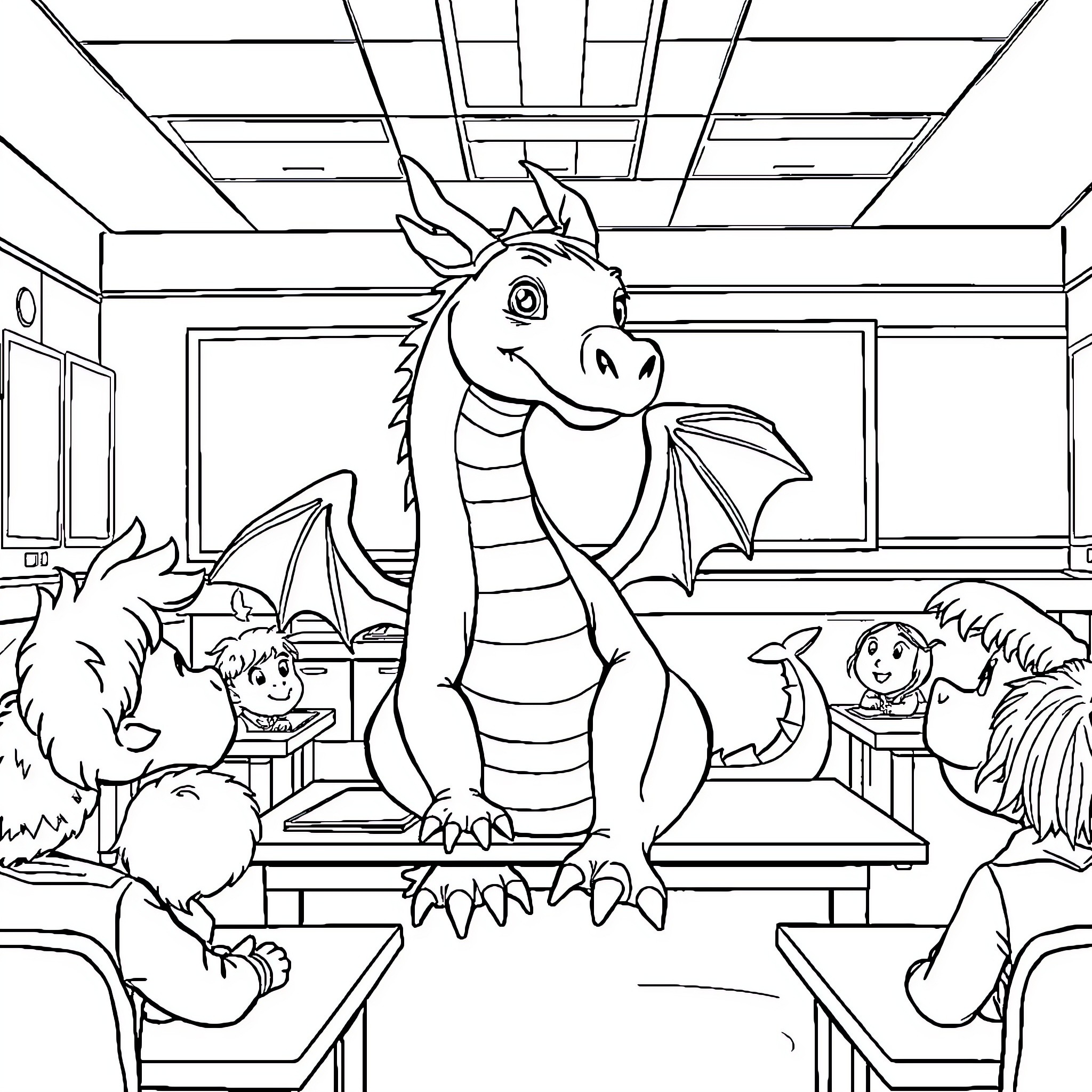 Dragon teaching students in a classroom Coloring Page (free black-and-white line drawing printable PDF for all, from beginners to advanced learners, including children, teens, adults, and seniors)