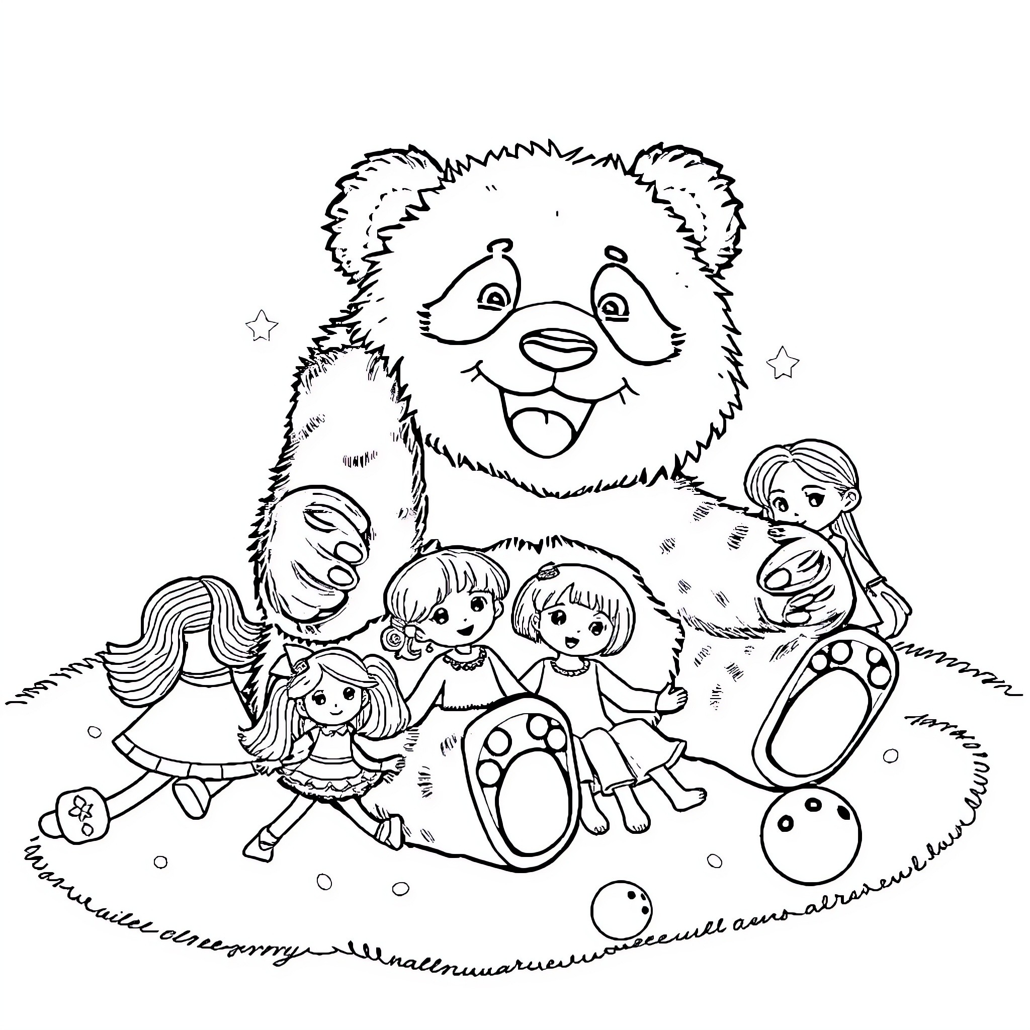 Panda playing joyfully with children Coloring Page (free black-and-white line drawing printable PDF for all, from beginners to advanced learners, including children, teens, adults, and seniors)