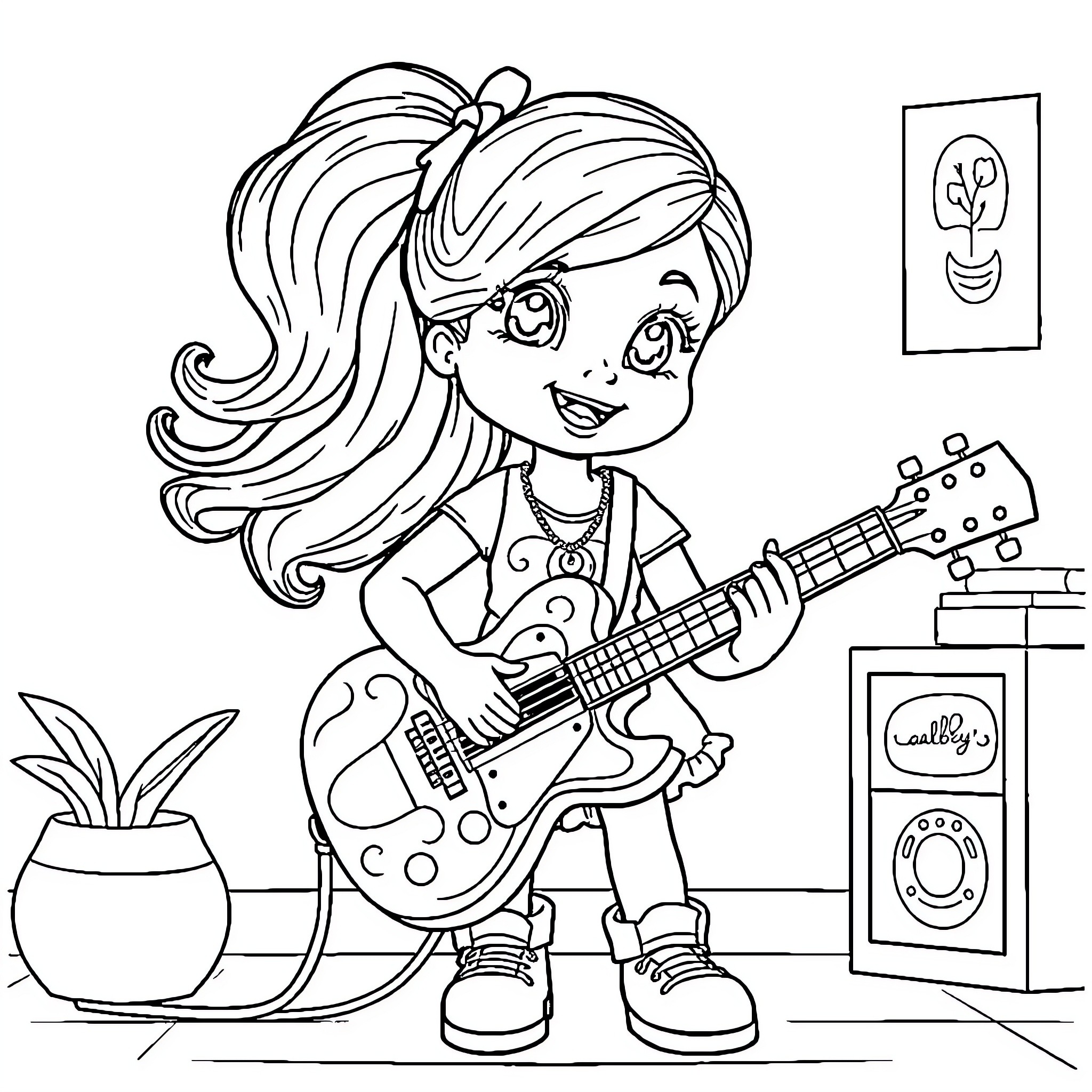 Gabby playing the guitar happily in her room Coloring Page (free black-and-white line drawing printable PDF for all, from beginners to advanced learners, including children, teens, adults, and seniors)