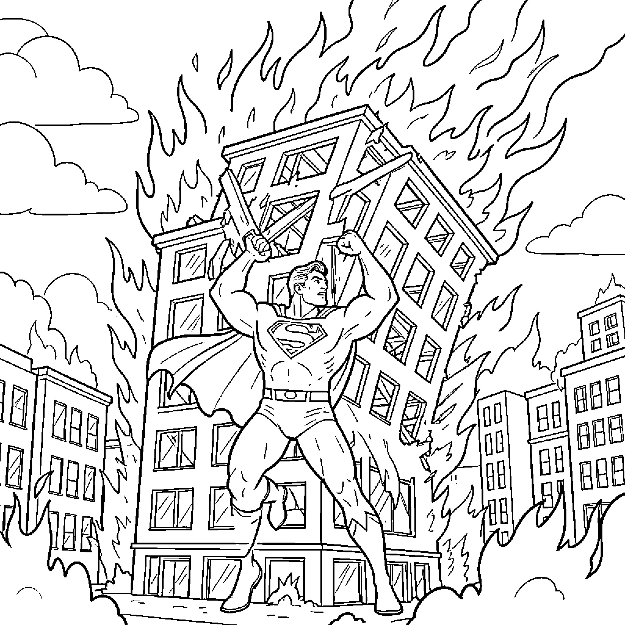 Superman saving a burning city Coloring Page (free black-and-white line drawing printable PDF for all, from beginners to advanced learners, including children, teens, adults, and seniors)