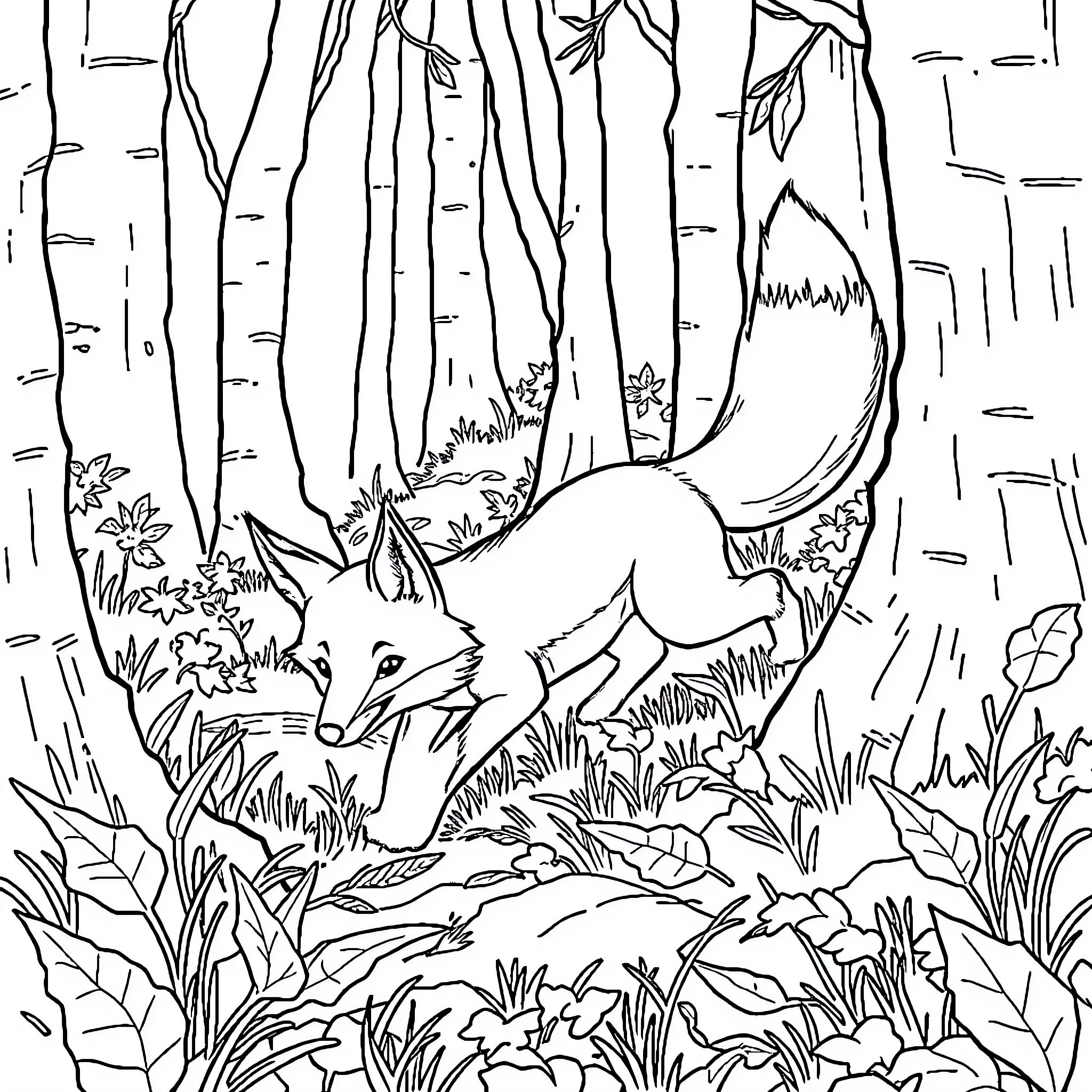 Fox Exploring the Enchanted Forest Landscape Coloring Page (free black-and-white line drawing printable PDF for all, from beginners to advanced learners, including children, teens, adults, and seniors)