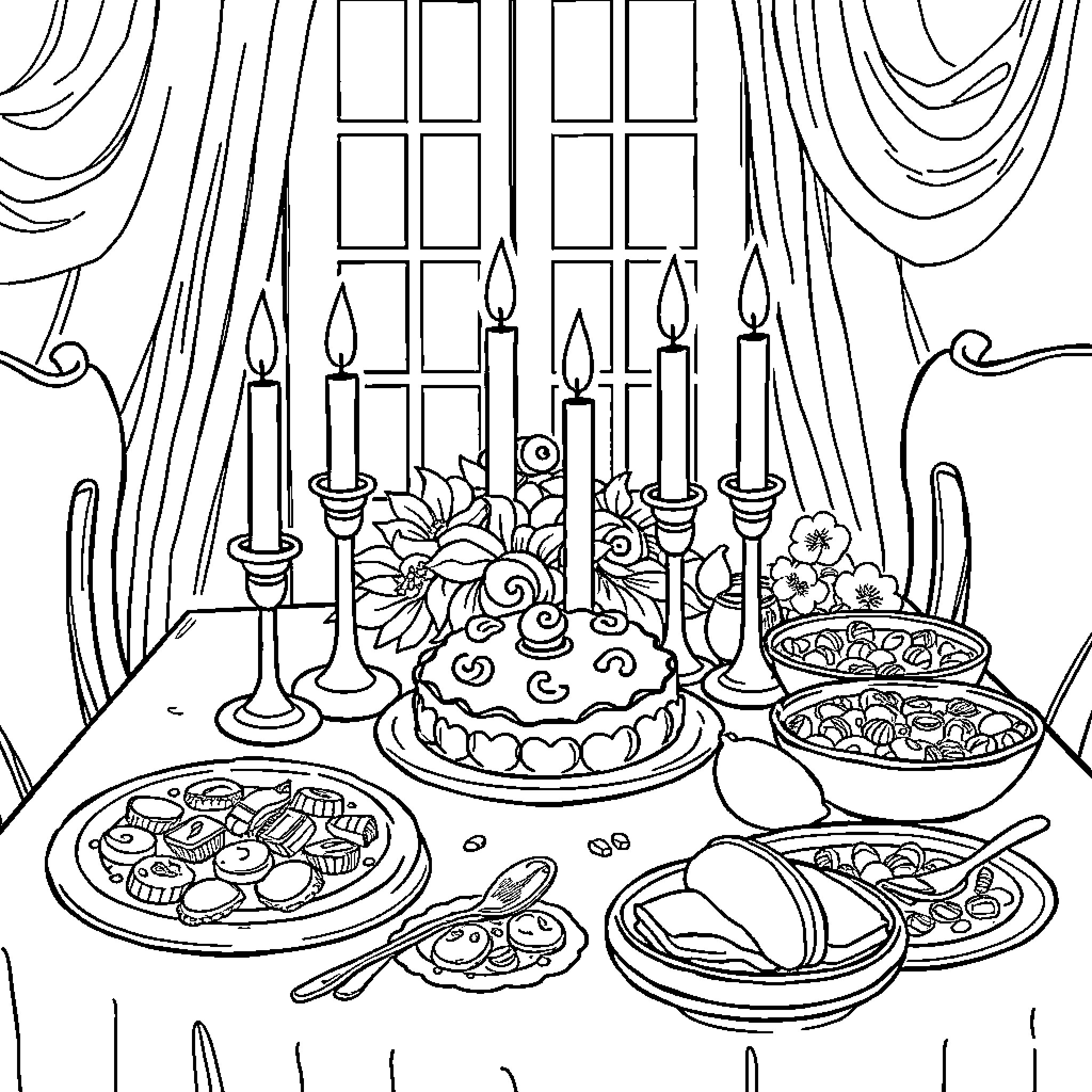 Table set with festive delicacies and decorations Coloring Page (free black-and-white line drawing printable PDF for all, from beginners to advanced learners, including children, teens, adults, and seniors)