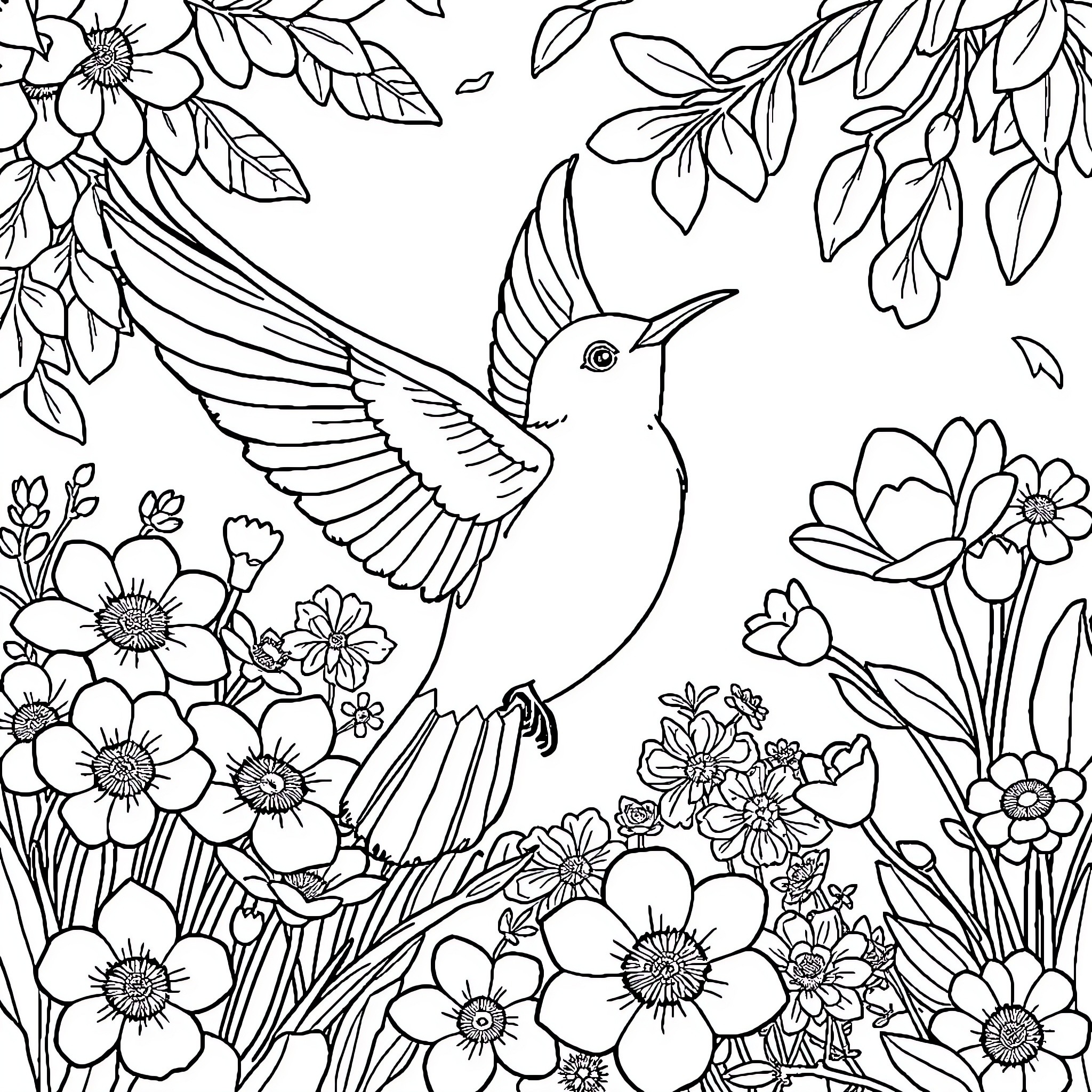 Swallow soaring amidst blooming flowers Coloring Page (free black-and-white line drawing printable PDF for all, from beginners to advanced learners, including children, teens, adults, and seniors)