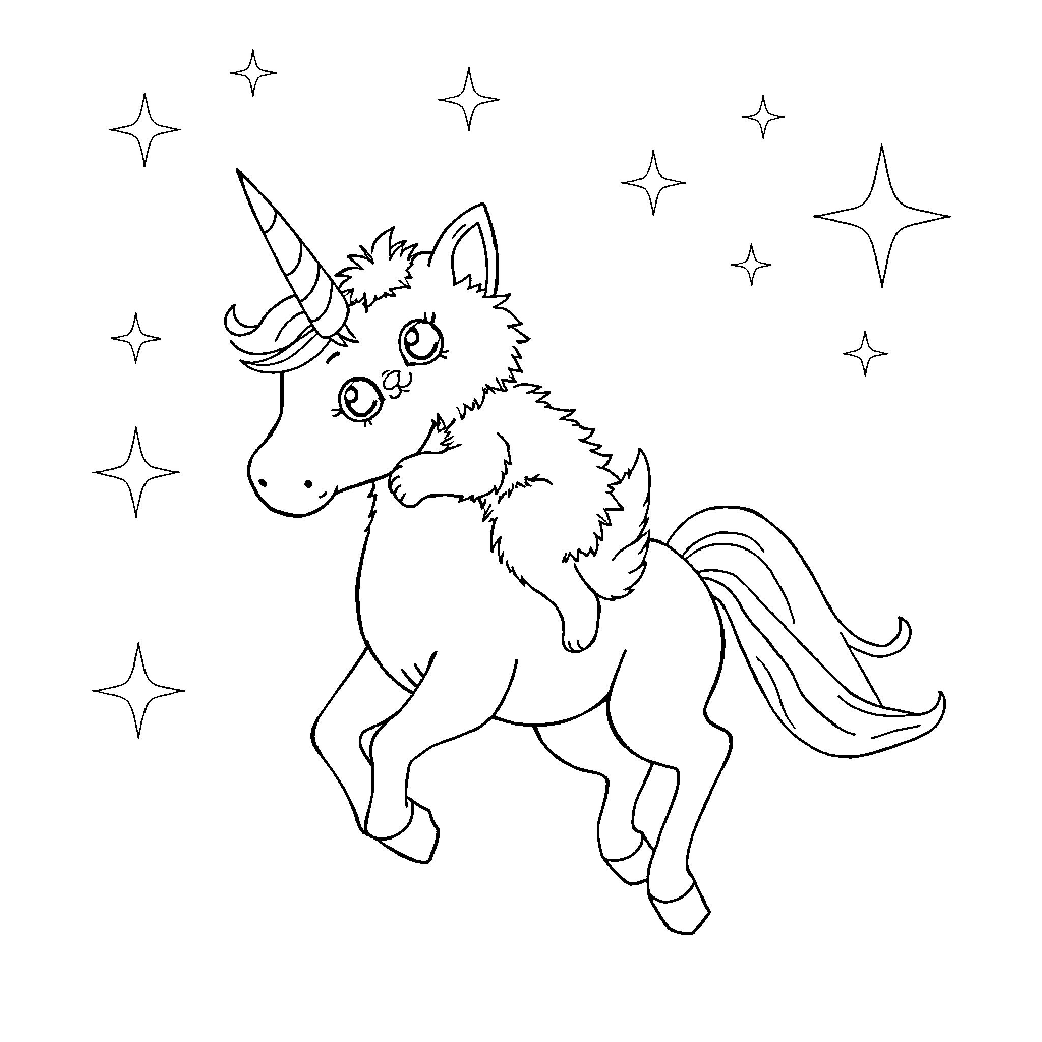 Kitten unicorn amid twinkling stars Coloring Page (free black-and-white line drawing printable PDF for all, from beginners to advanced learners, including children, teens, adults, and seniors)