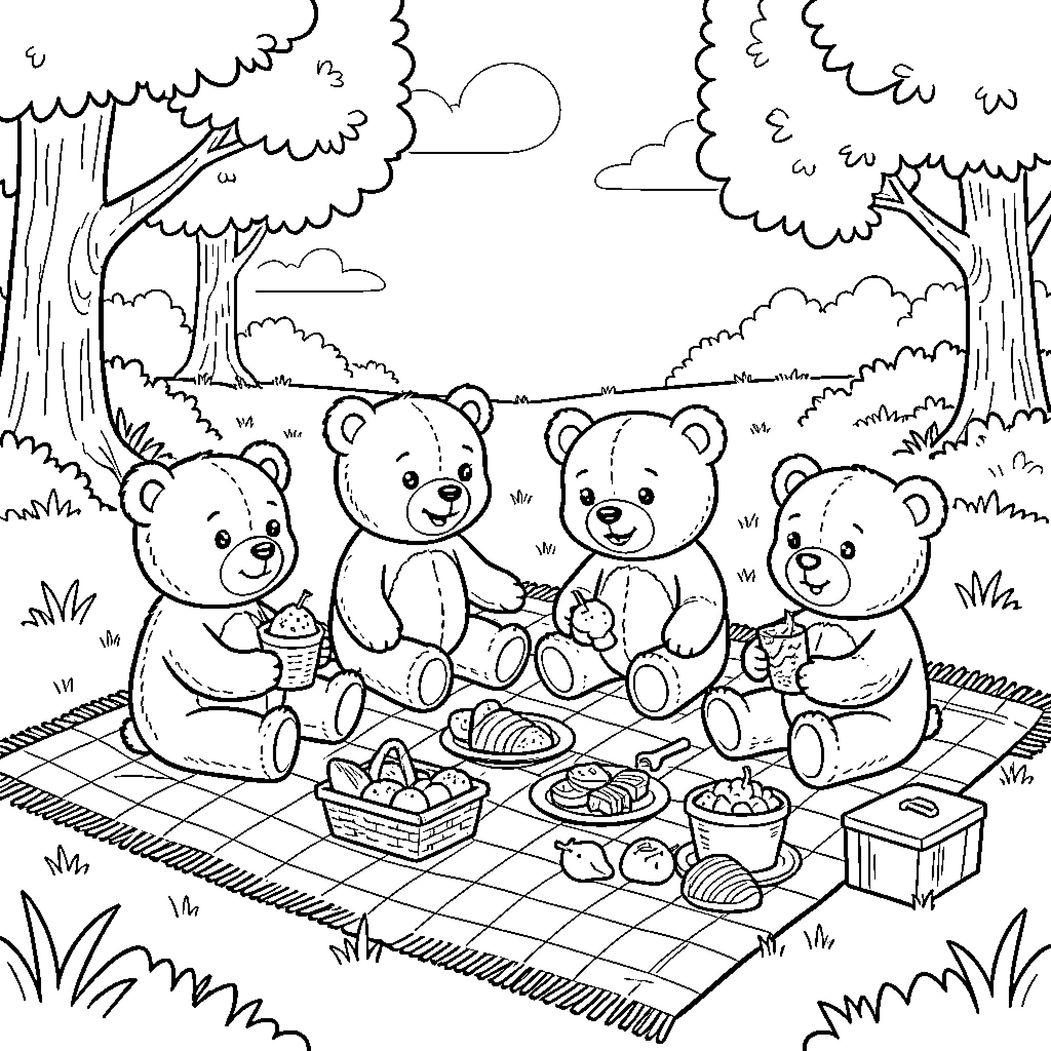Teddy Bear friends enjoying a picnic in the woods Coloring Page (free black-and-white line drawing printable PDF for all, from beginners to advanced learners, including children, teens, adults, and seniors)