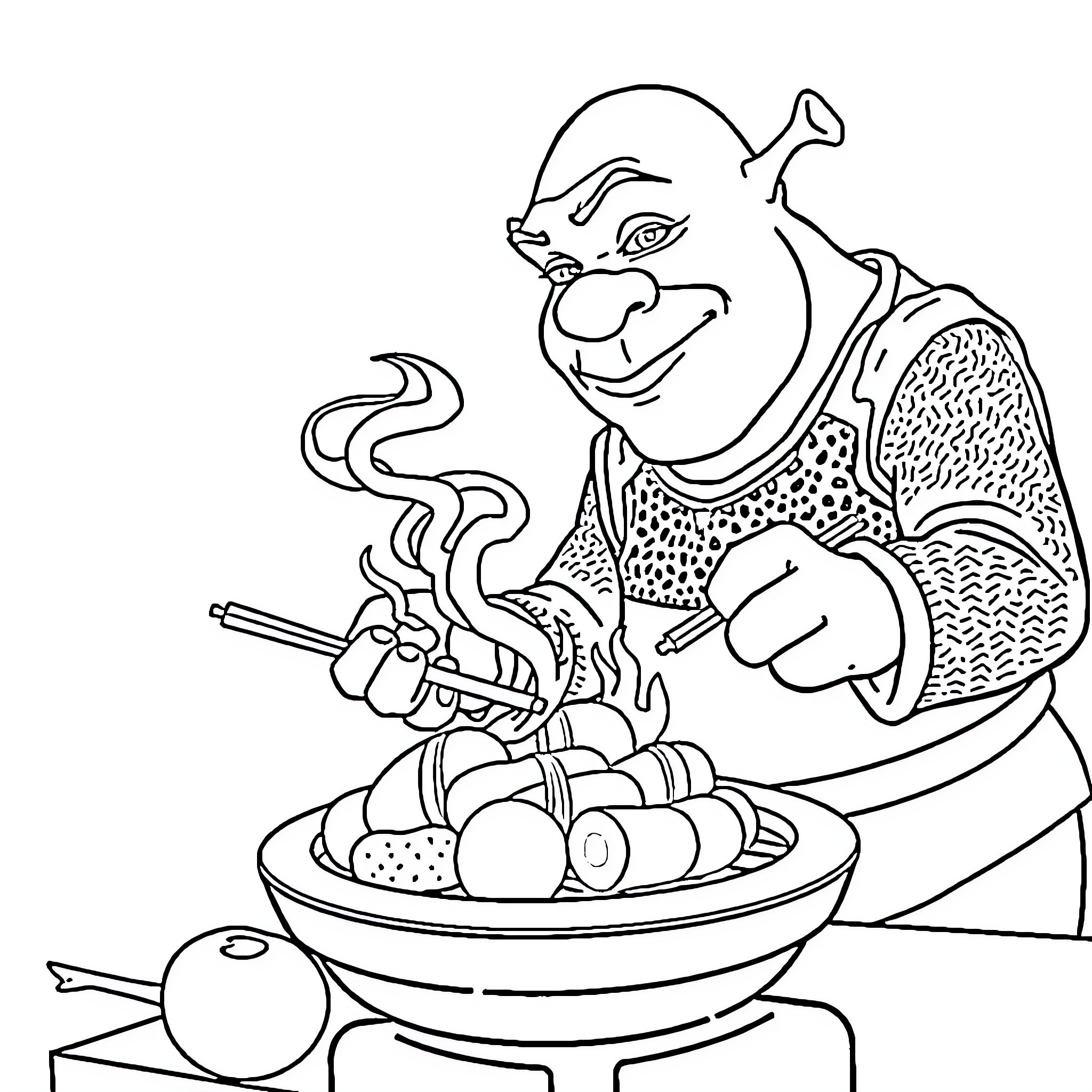 Shrek cooking a delicious meal in the kitchen Coloring Page (free black-and-white line drawing printable PDF for all, from beginners to advanced learners, including children, teens, adults, and seniors)