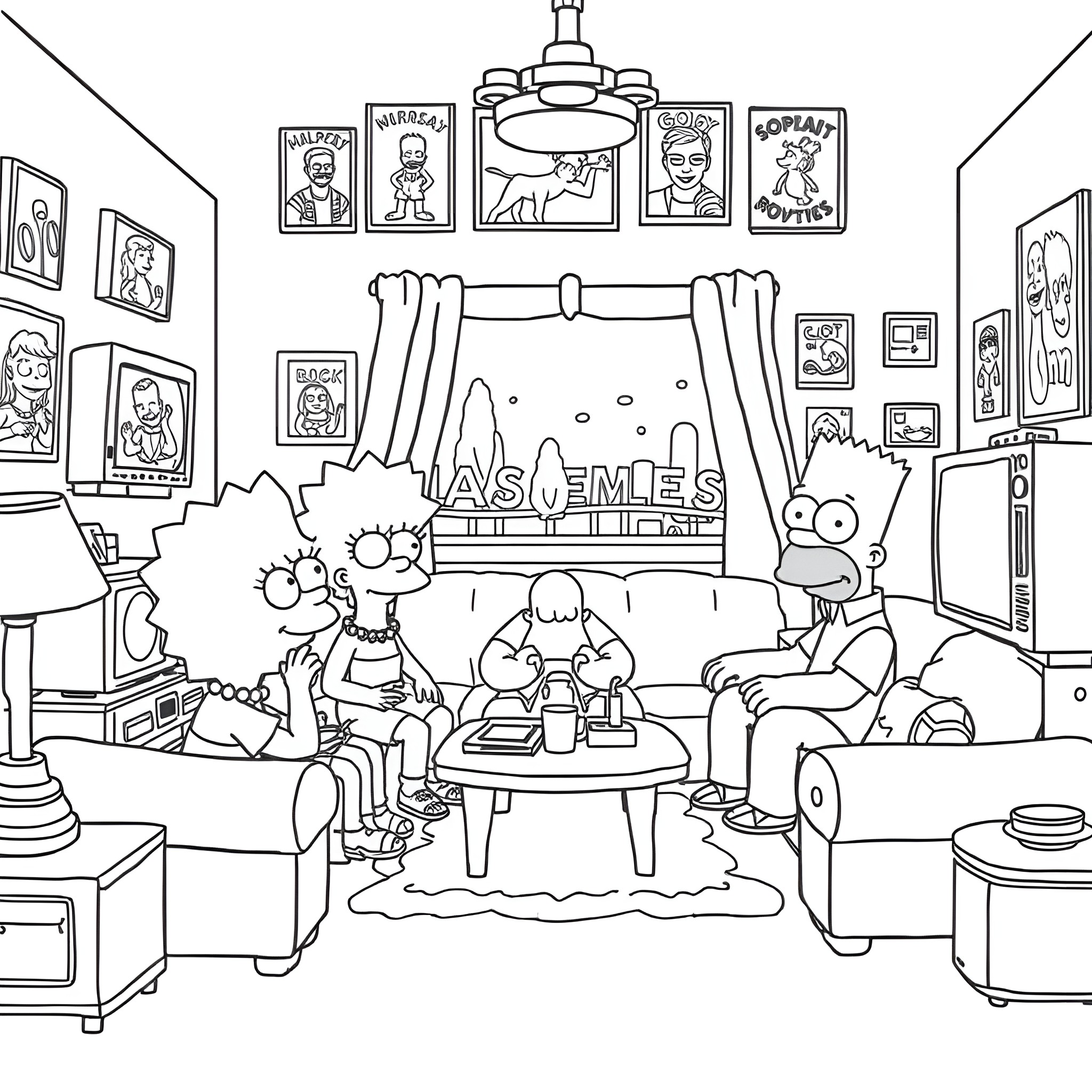 Simpson family relaxing in their living room Coloring Page (free black-and-white line drawing printable PDF for all, from beginners to advanced learners, including children, teens, adults, and seniors)