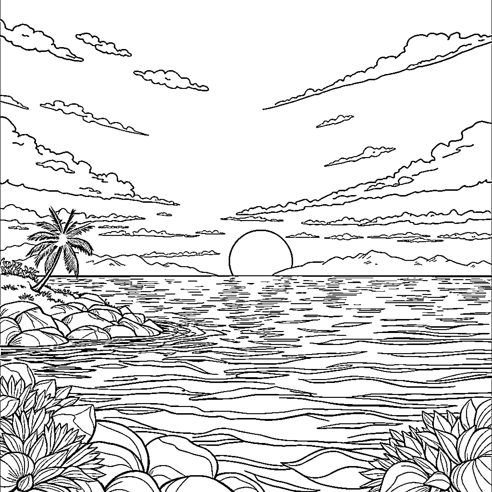 Isla's Serene Sunset Landscape Coloring Page (free black-and-white line drawing printable PDF for all, from beginners to advanced learners, including children, teens, adults, and seniors)