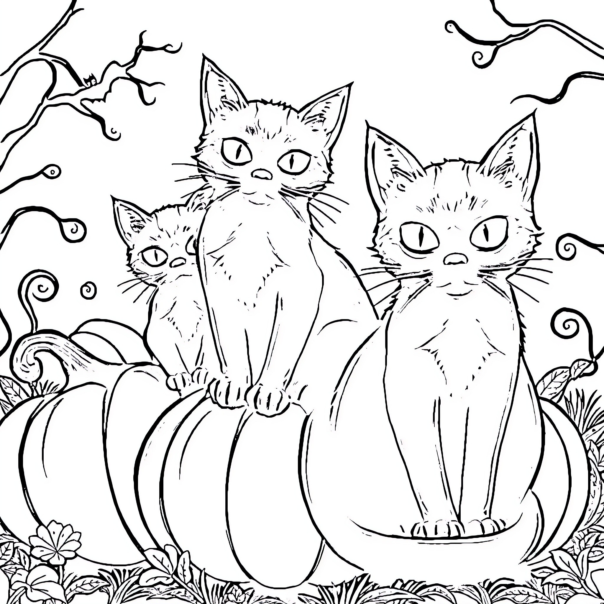 Cats resting on pumpkins in an autumn scene Coloring Page (free black-and-white line drawing printable PDF for all, from beginners to advanced learners, including children, teens, adults, and seniors)