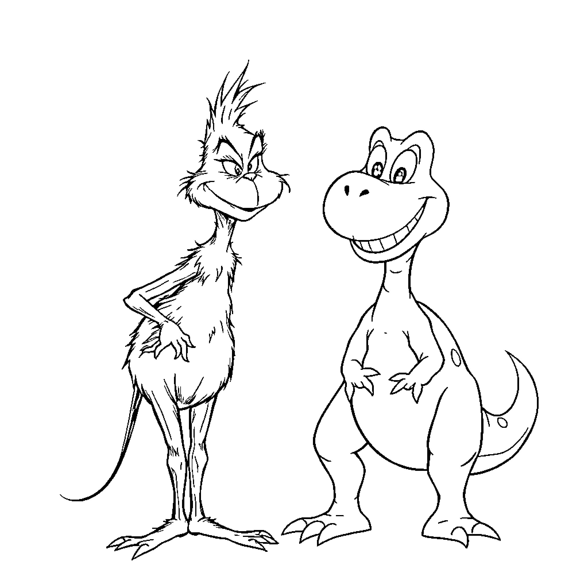 Grinch and Dinosaur in Playful Encounter Coloring Page (free black-and-white line drawing printable PDF for all, from beginners to advanced learners, including children, teens, adults, and seniors)