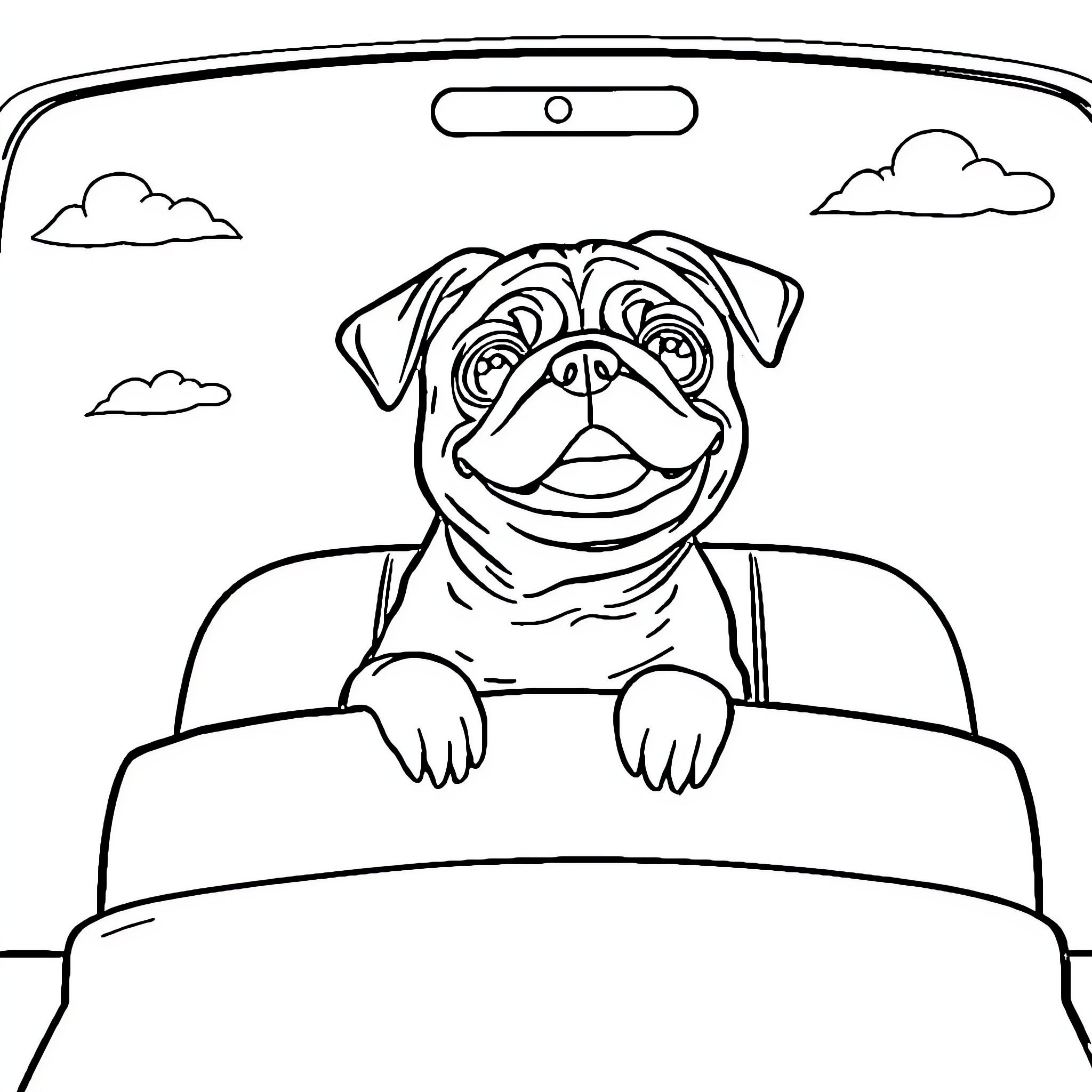 Pug peeking out from a car window Coloring Page (free black-and-white line drawing printable PDF for all, from beginners to advanced learners, including children, teens, adults, and seniors)