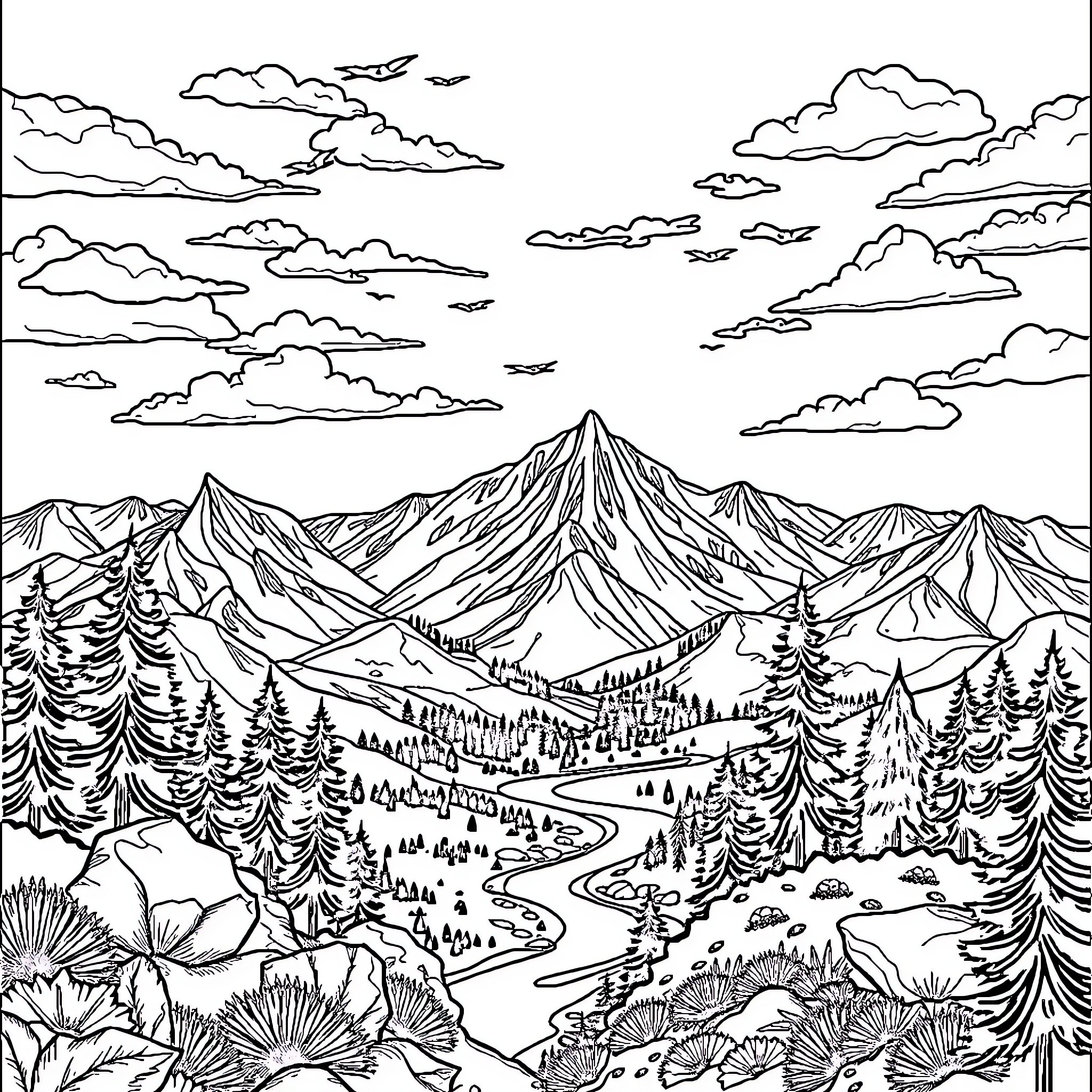 Geography of Majestic Mountain Landscapes Coloring Page (free black-and-white line drawing printable PDF for all, from beginners to advanced learners, including children, teens, adults, and seniors)