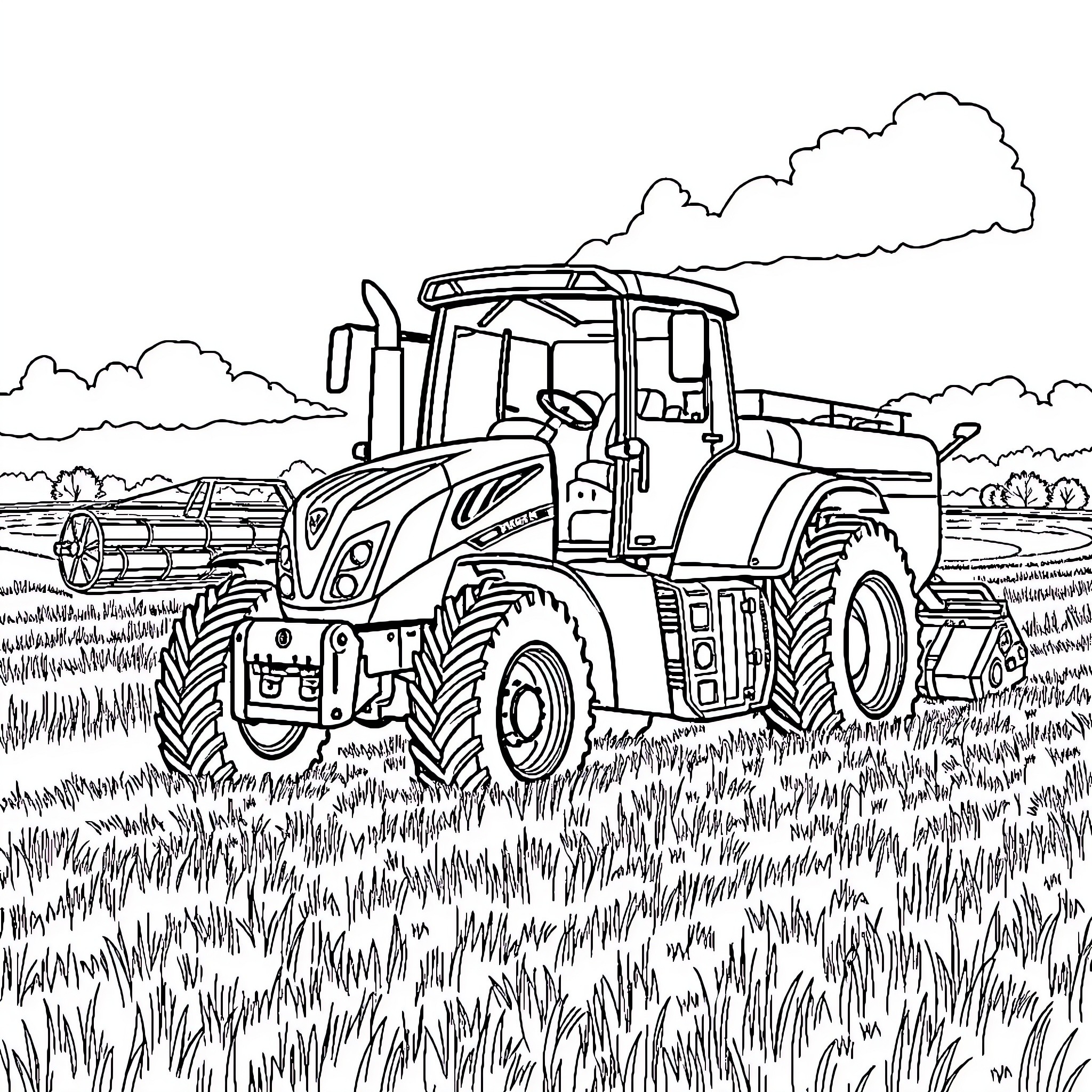 Tractor working in the field Coloring Page (free black-and-white line drawing printable PDF for all, from beginners to advanced learners, including children, teens, adults, and seniors)