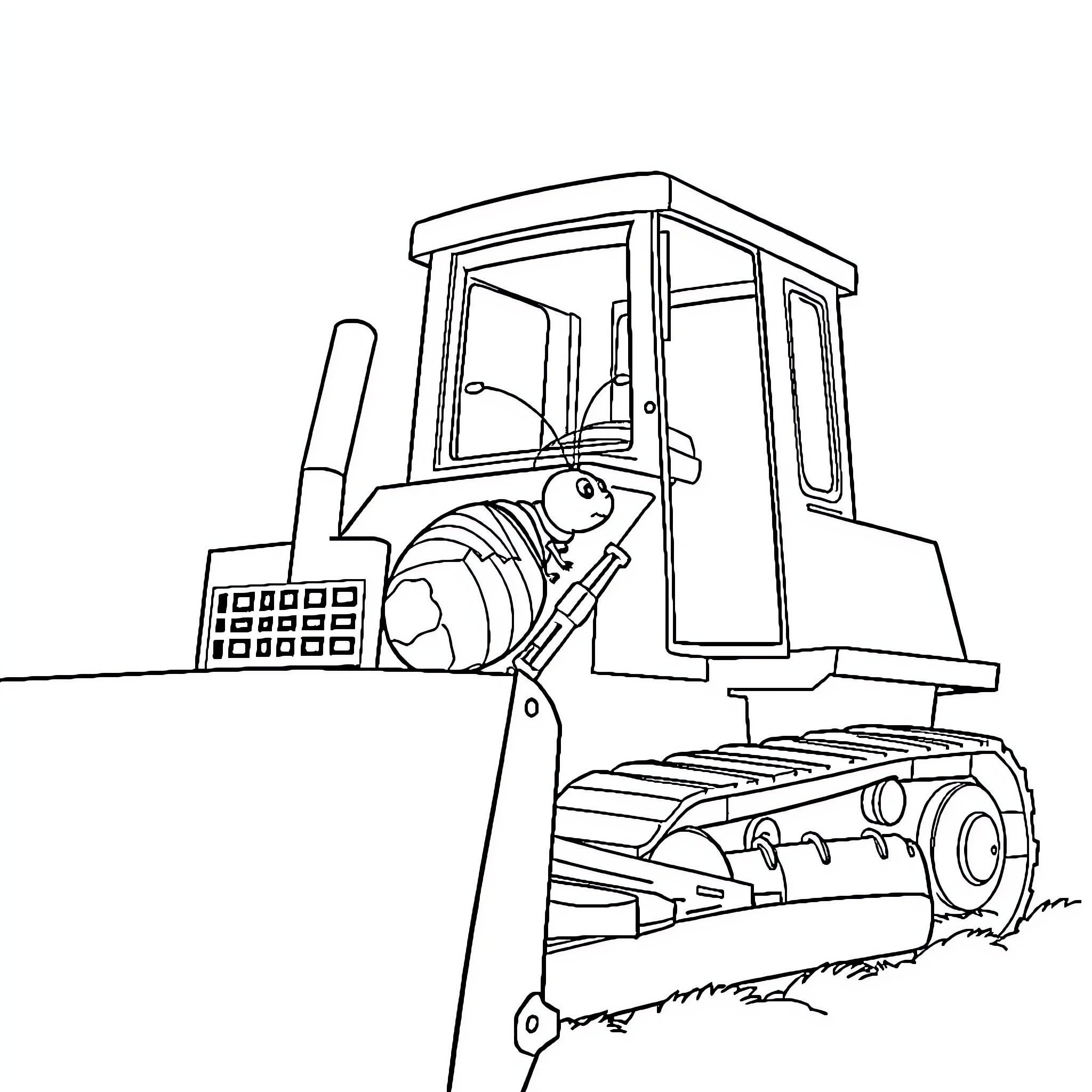 Caterpillar Bulldozer at Work Coloring Page (free black-and-white line drawing printable PDF for all, from beginners to advanced learners, including children, teens, adults, and seniors)