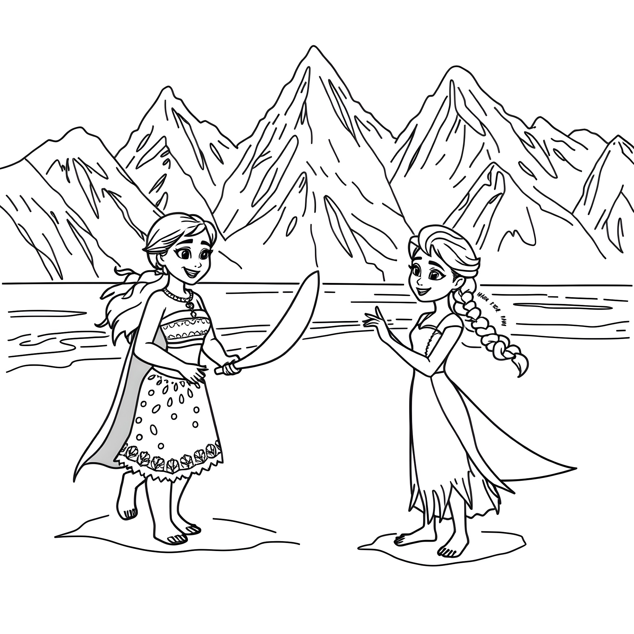 Moana and Elsa enjoying a day at the beach Coloring Page (free black-and-white line drawing printable PDF for all, from beginners to advanced learners, including children, teens, adults, and seniors)