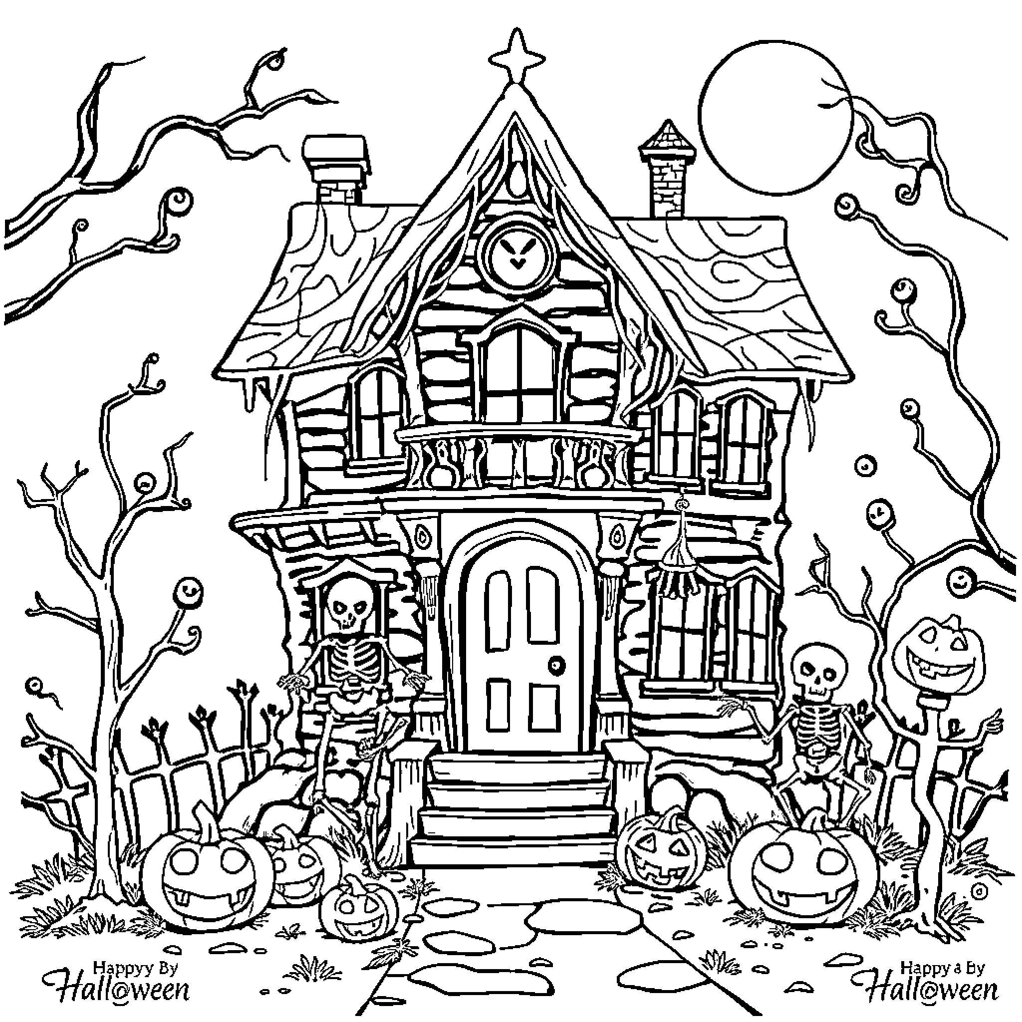 Haunted House with Skeletons, Pumpkins, and Spooky Decor Coloring Page (free black-and-white line drawing printable PDF for all, from beginners to advanced learners, including children, teens, adults, and seniors)