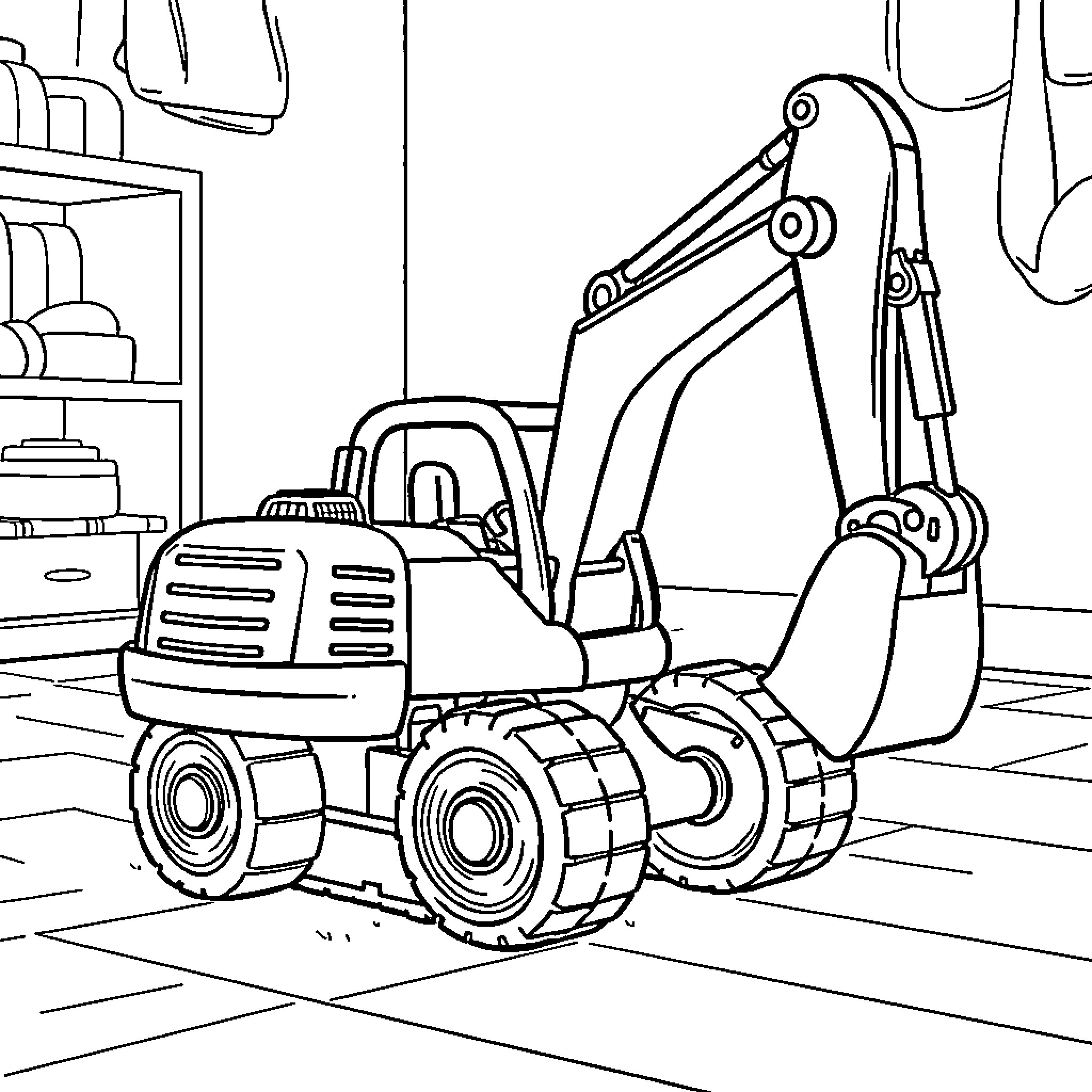 Excavator operating in a construction site Coloring Page (free black-and-white line drawing printable PDF for all, from beginners to advanced learners, including children, teens, adults, and seniors)
