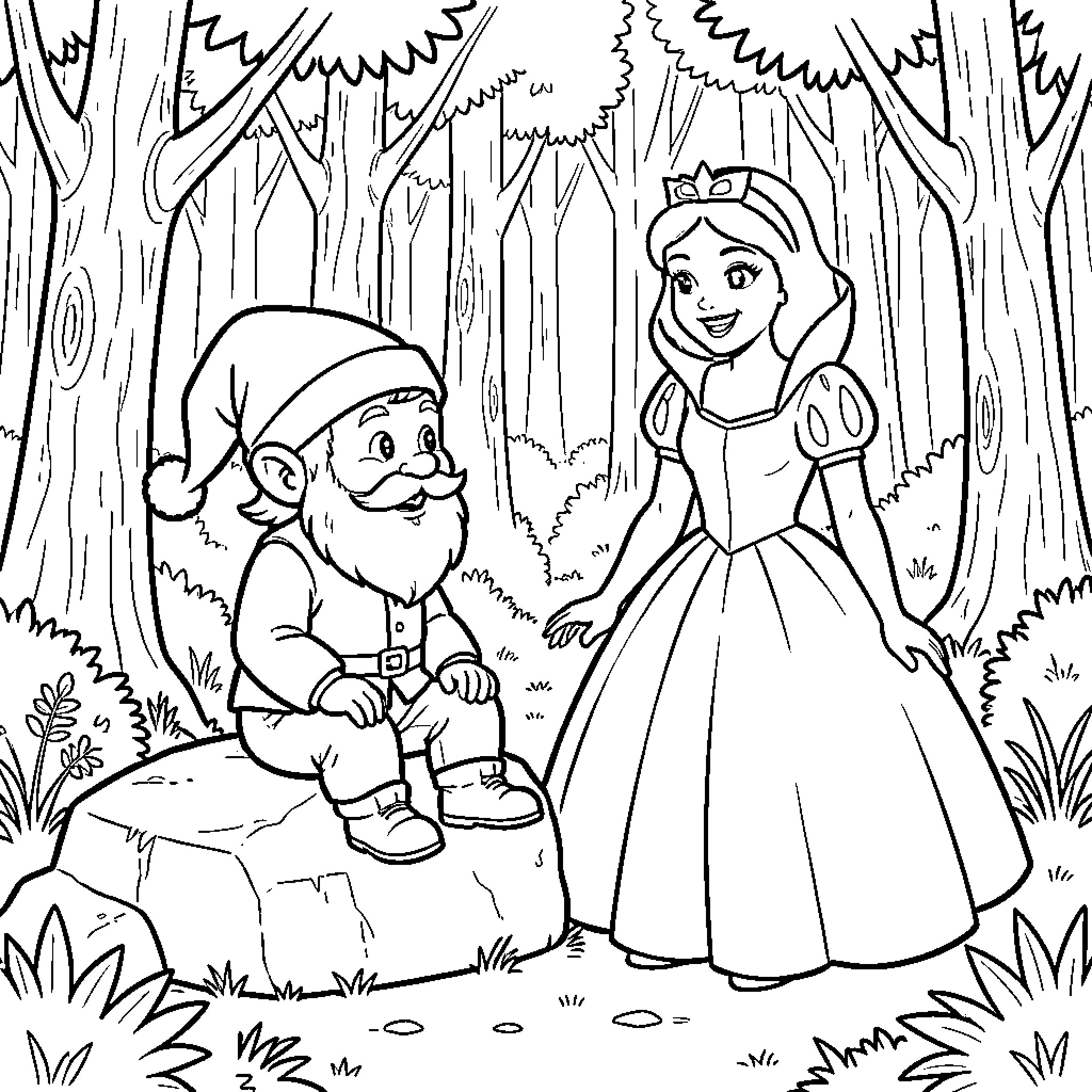 Enanito and the Princess in the Enchanted Forest Coloring Page (free black-and-white line drawing printable PDF for all, from beginners to advanced learners, including children, teens, adults, and seniors)