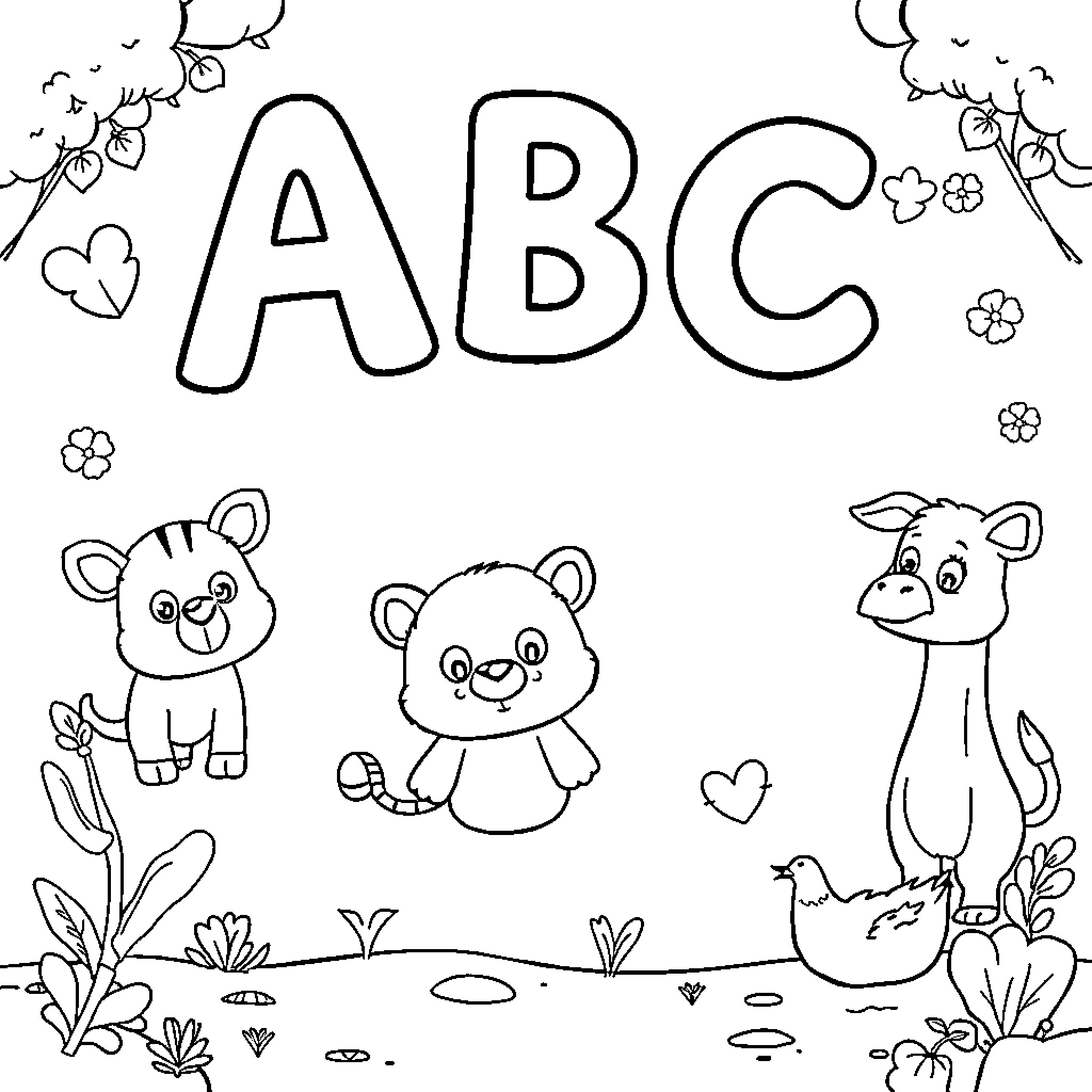 ABC - Adorable Animals in Playful Scene Coloring Page (free black-and-white line drawing printable PDF for all, from beginners to advanced learners, including children, teens, adults, and seniors)