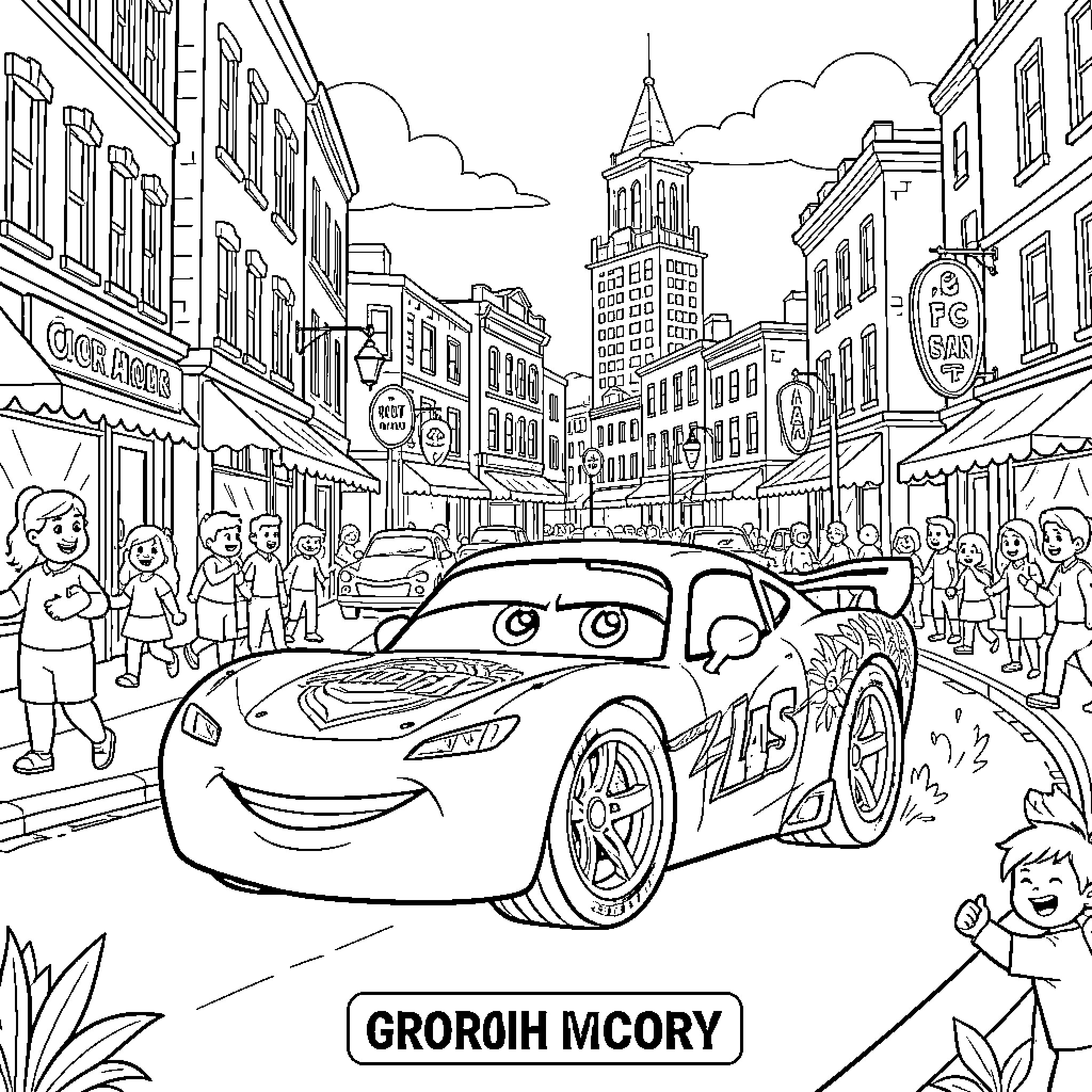 Lightning McQueen's race through a bustling city Coloring Page (free black-and-white line drawing printable PDF for all, from beginners to advanced learners, including children, teens, adults, and seniors)