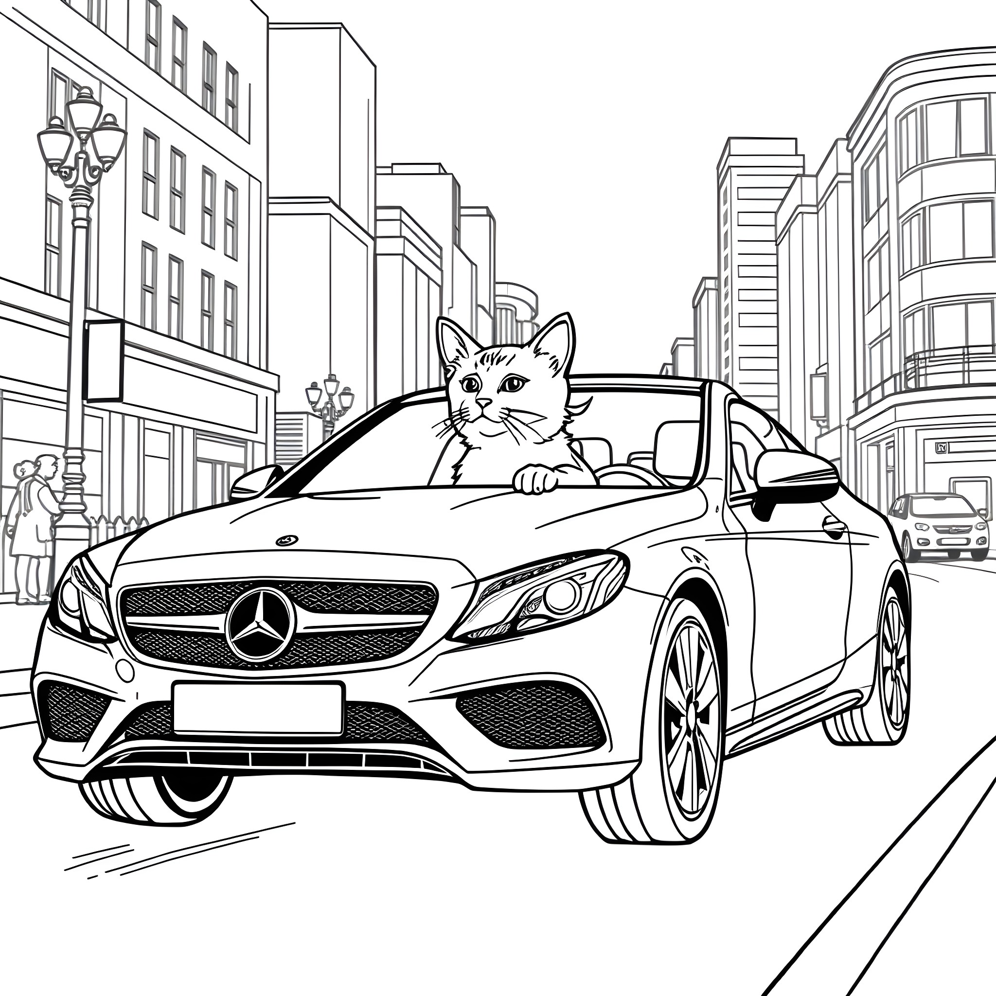 Car with a cat in the city Coloring Page (free black-and-white line drawing printable PDF for all, from beginners to advanced learners, including children, teens, adults, and seniors)