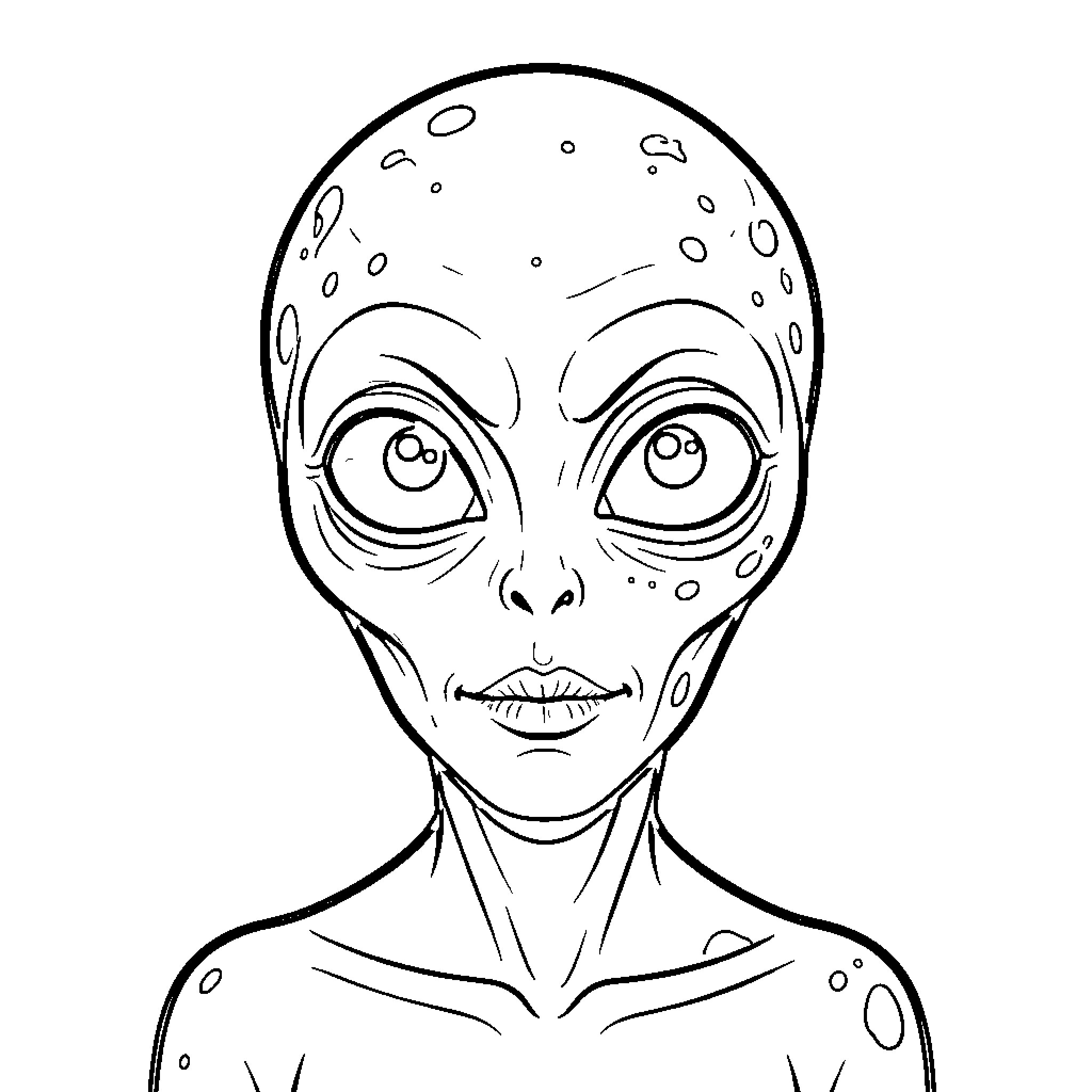 Alien with a calm facial expression looking forward Coloring Page (free black-and-white line drawing printable PDF for all, from beginners to advanced learners, including children, teens, adults, and seniors)