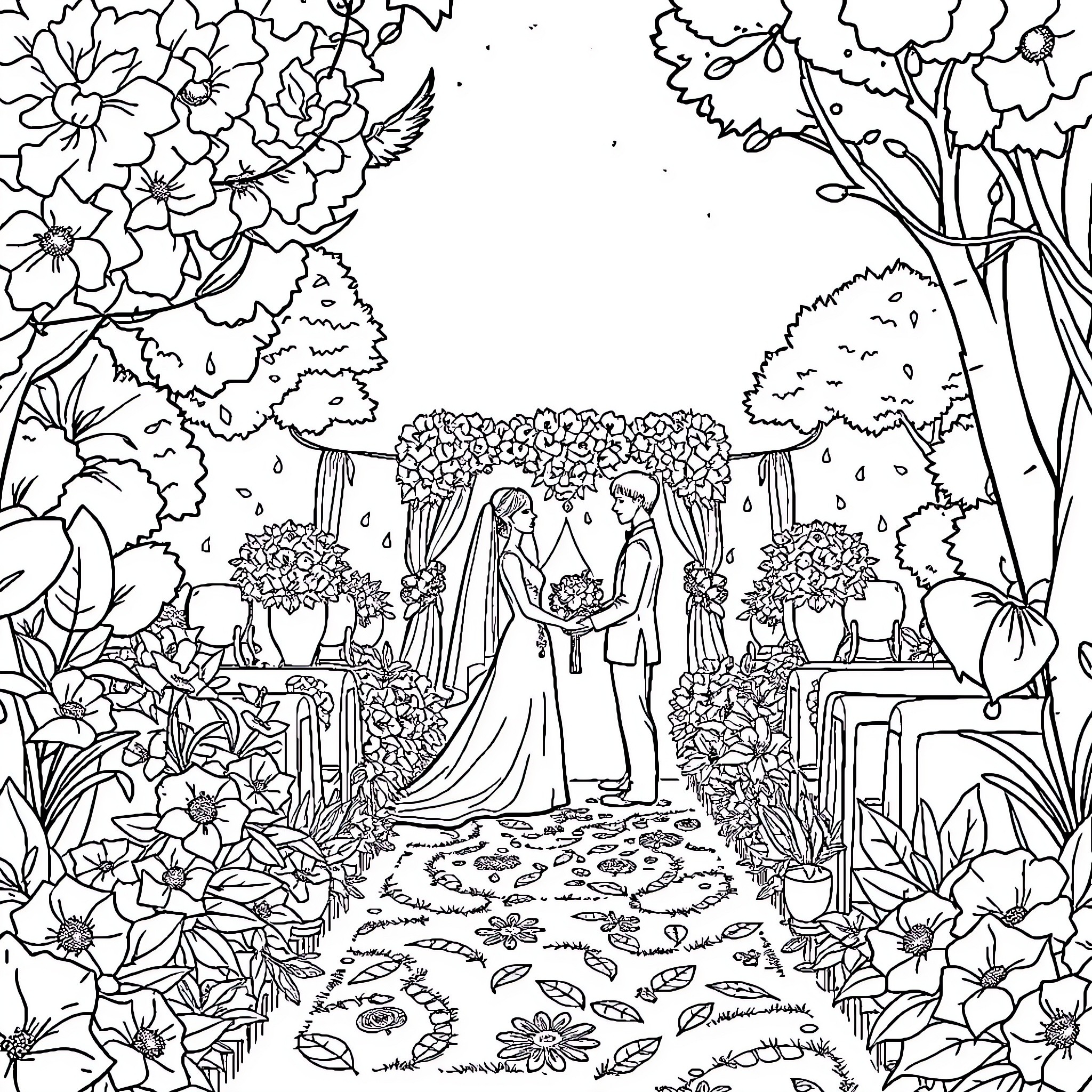 Wedding ceremony in a lush garden setting Coloring Page (free black-and-white line drawing printable PDF for all, from beginners to advanced learners, including children, teens, adults, and seniors)