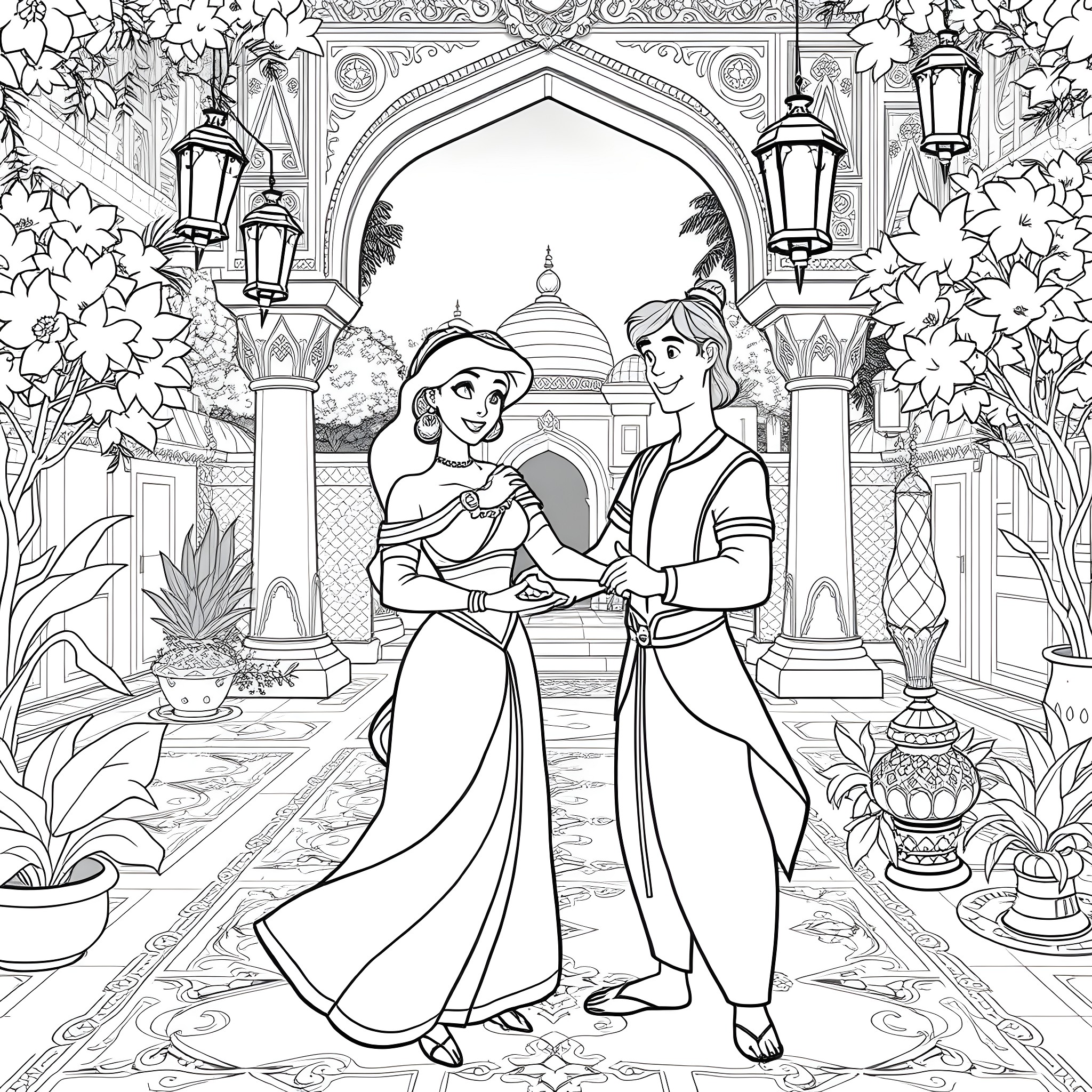 Jasmine and Aladdin's Enchanting Palace Adventure Coloring Page (free black-and-white line drawing printable PDF for all, from beginners to advanced learners, including children, teens, adults, and seniors)