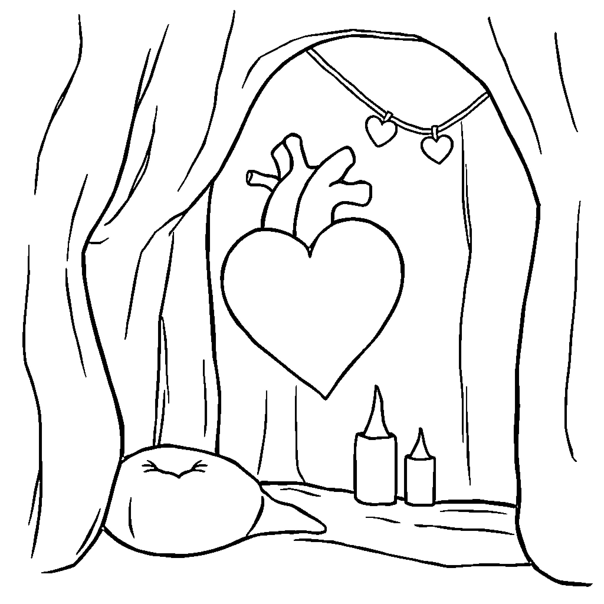 Heart-shaped Decoration in Scenic Outdoors Coloring Page (free black-and-white line drawing printable PDF for all, from beginners to advanced learners, including children, teens, adults, and seniors)