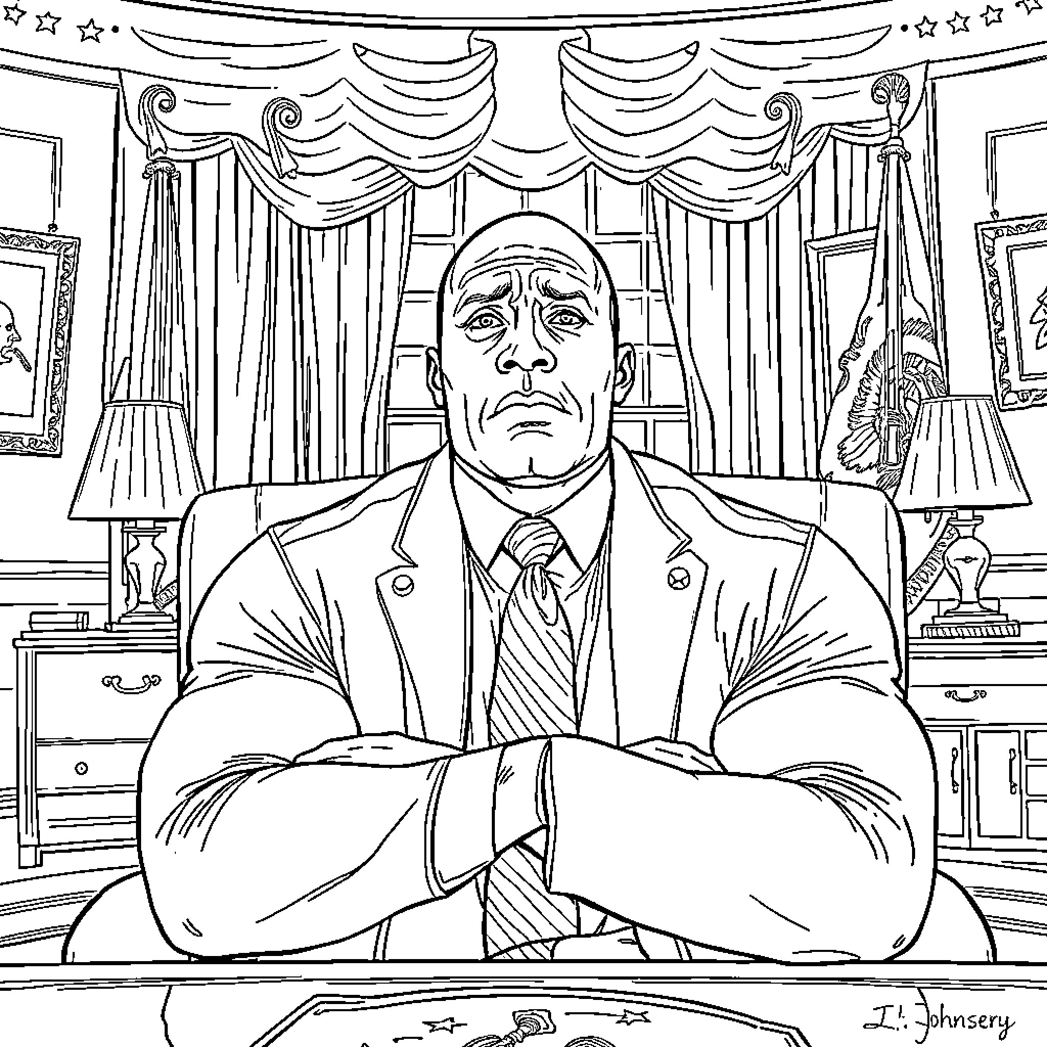 Dwayne Johnson in a formal office setting Coloring Page (free black-and-white line drawing printable PDF for all, from beginners to advanced learners, including children, teens, adults, and seniors)