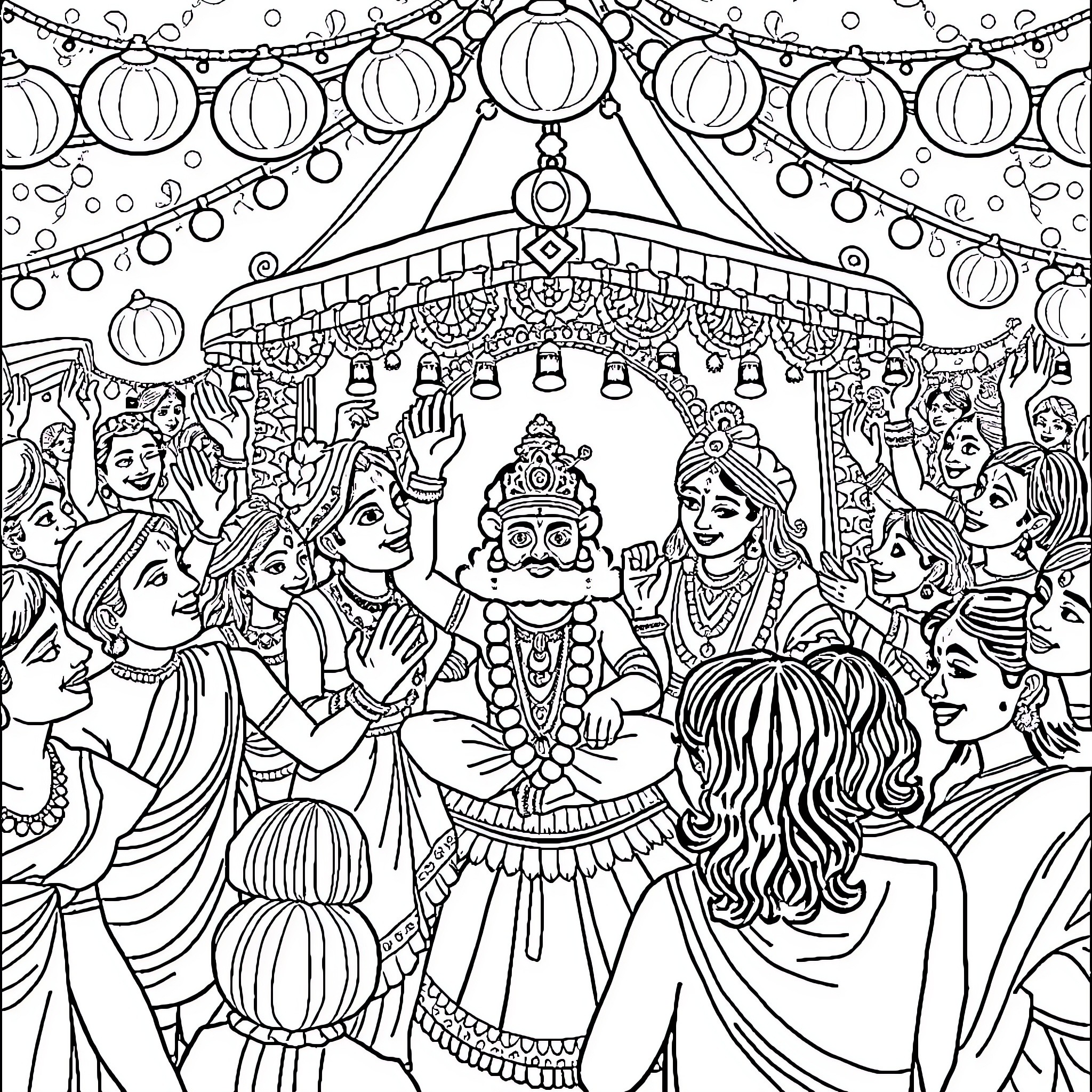 Jamastami celebration with people in festive outfits Coloring Page (free black-and-white line drawing printable PDF for all, from beginners to advanced learners, including children, teens, adults, and seniors)