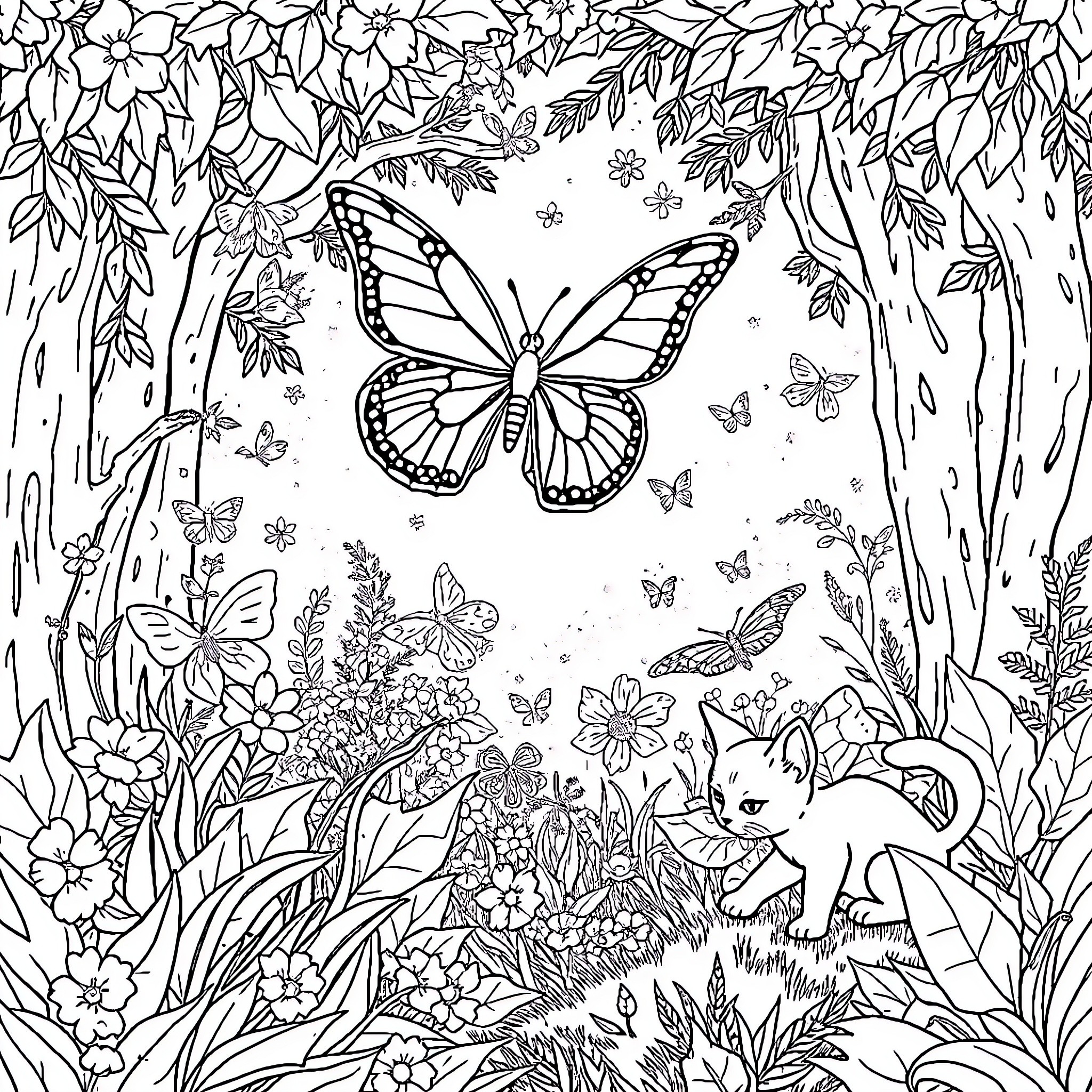Butterfly Sanctuary in the Floral Garden Coloring Page (free black-and-white line drawing printable PDF for all, from beginners to advanced learners, including children, teens, adults, and seniors)
