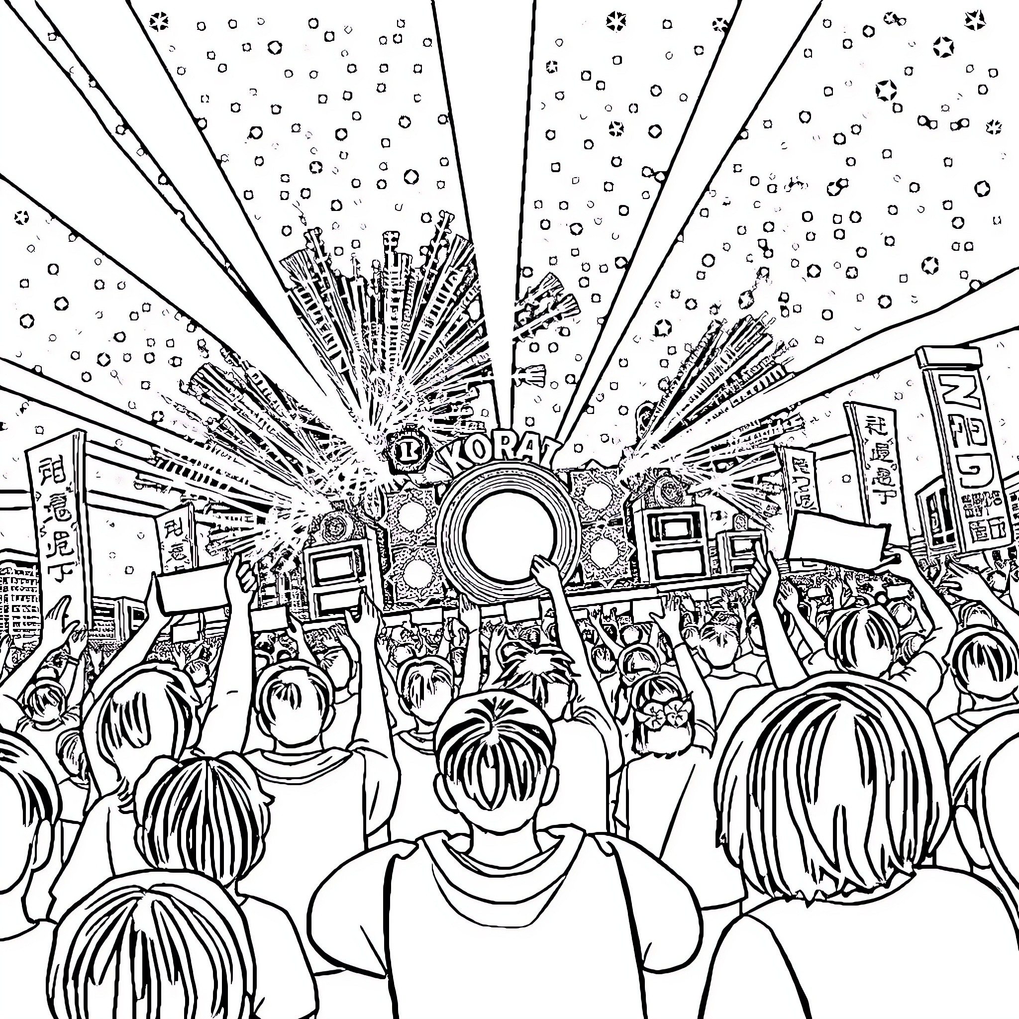 K Pop Crowd Cheering and Celebrating at a Vibrant Concert Coloring Page (free black-and-white line drawing printable PDF for all, from beginners to advanced learners, including children, teens, adults, and seniors)