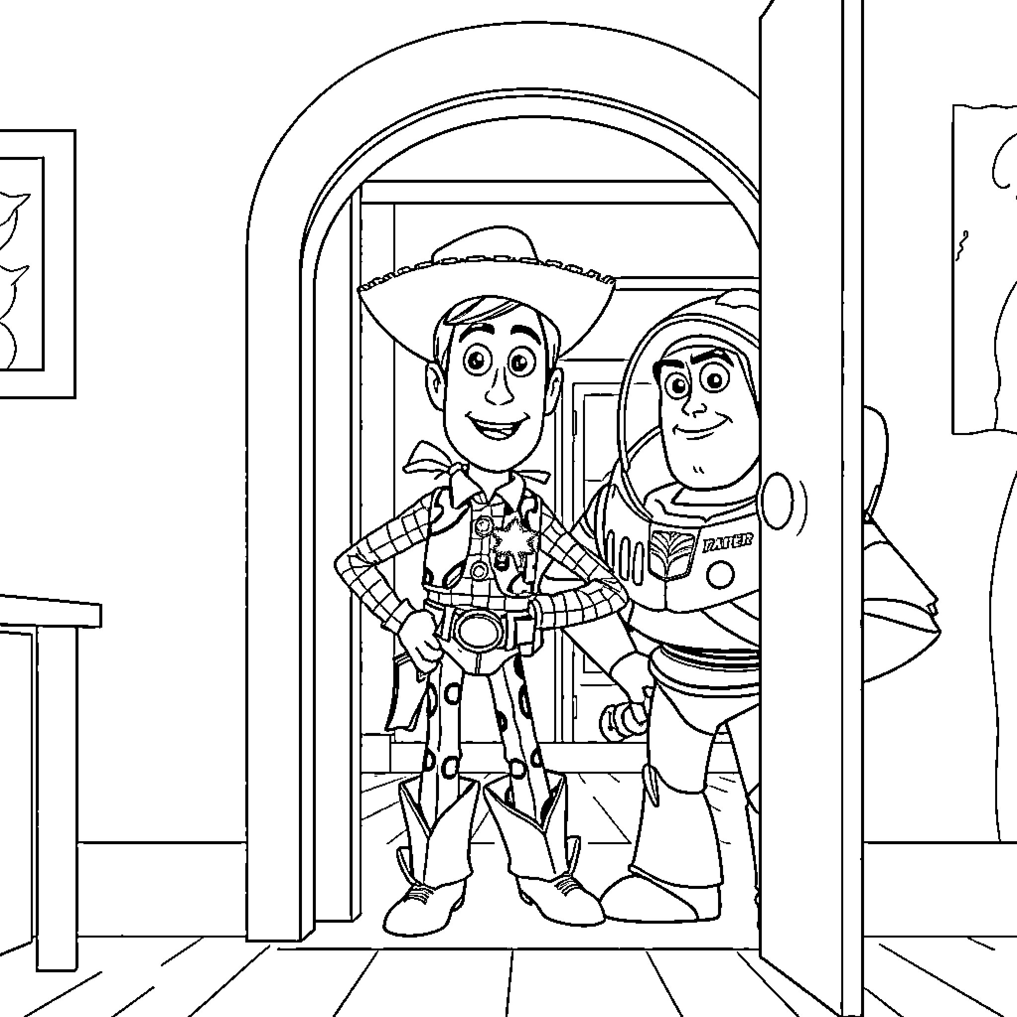Toy Story Characters Explore a Colorful Room Coloring Page (free black-and-white line drawing printable PDF for all, from beginners to advanced learners, including children, teens, adults, and seniors)