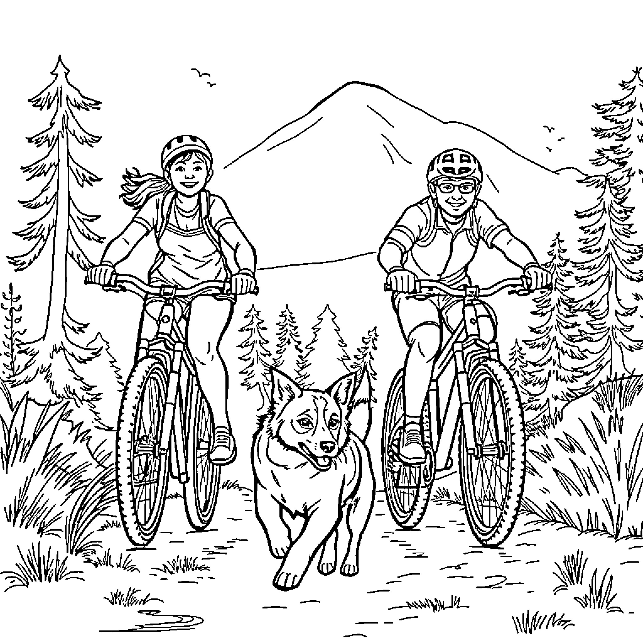 Family Mountain Biking Adventure with Loyal Companion Coloring Page (free black-and-white line drawing printable PDF for all, from beginners to advanced learners, including children, teens, adults, and seniors)