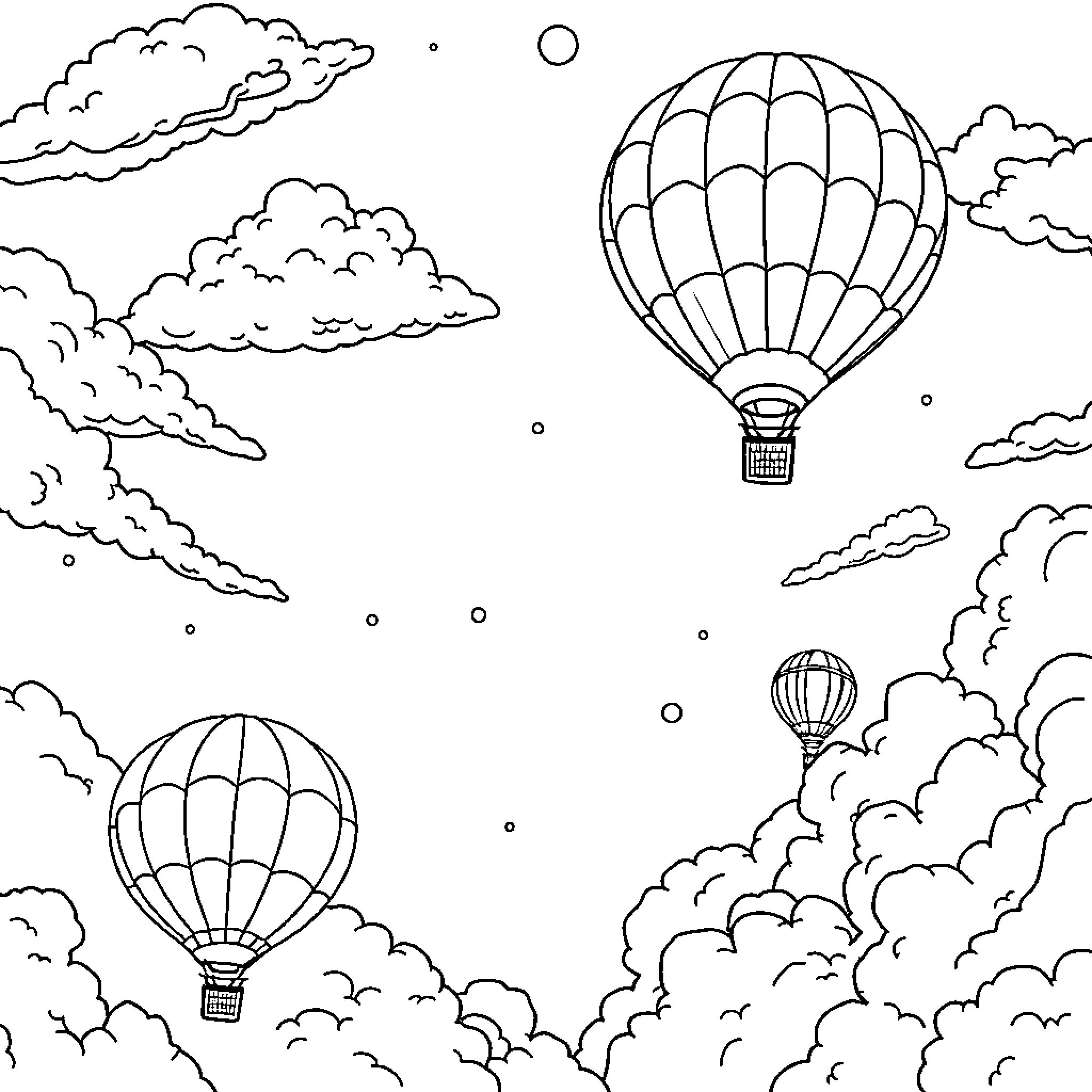 Hot Air Balloon Adventure in the Sky Coloring Page (free black-and-white line drawing printable PDF for all, from beginners to advanced learners, including children, teens, adults, and seniors)