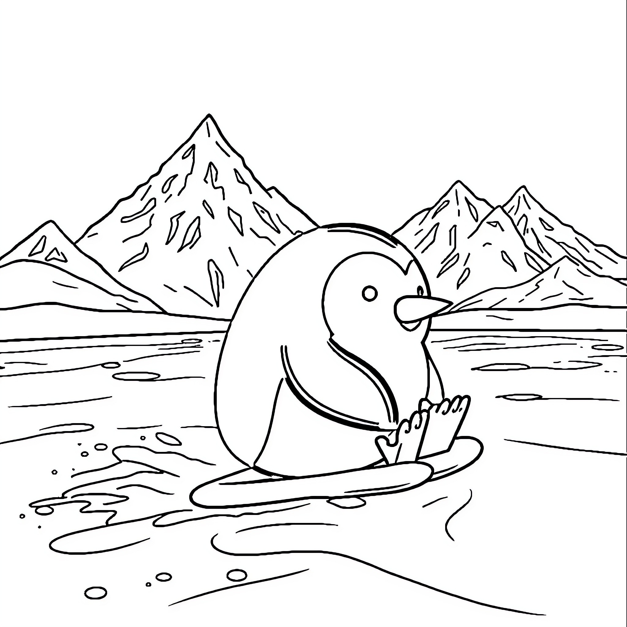 Penguin relaxing on ice near snowy mountains Coloring Page (free black-and-white line drawing printable PDF for all, from beginners to advanced learners, including children, teens, adults, and seniors)