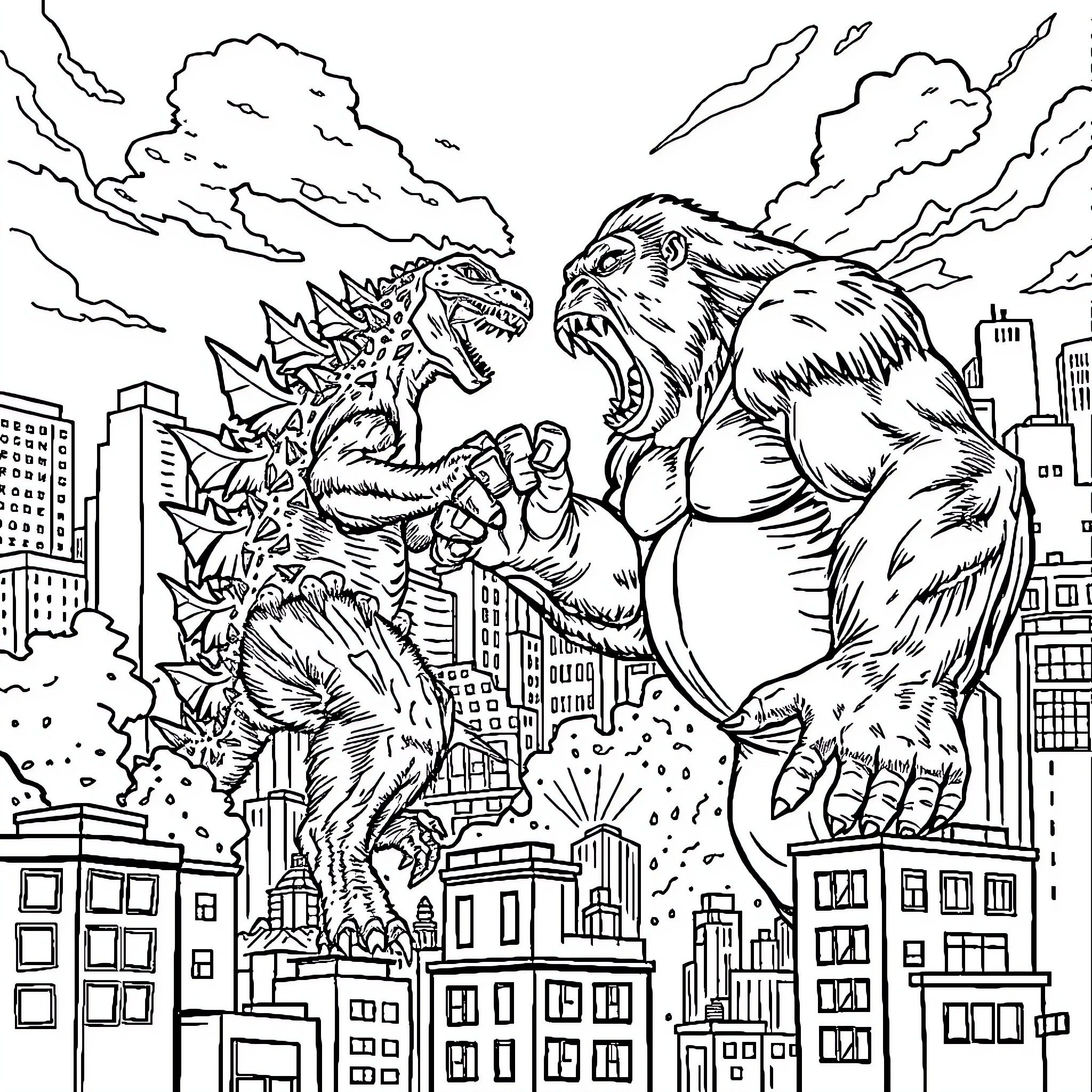 Godzilla and King Kong battling in the city Coloring Page (free black-and-white line drawing printable PDF for all, from beginners to advanced learners, including children, teens, adults, and seniors)