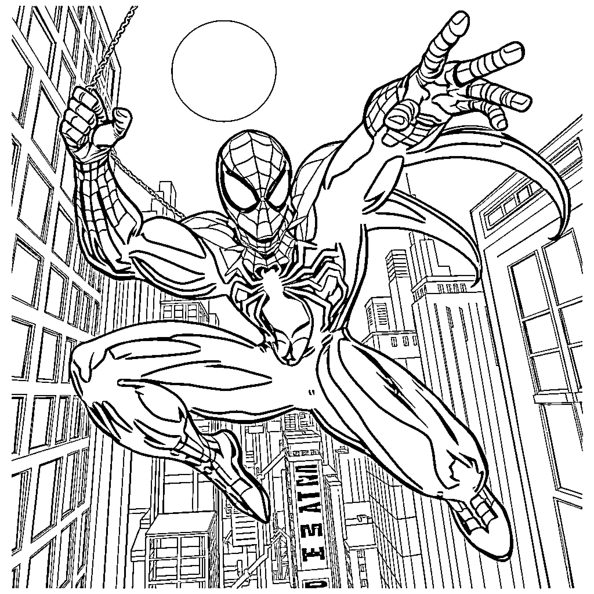 Spiderman swinging through the city skyline Coloring Page (free black-and-white line drawing printable PDF for all, from beginners to advanced learners, including children, teens, adults, and seniors)