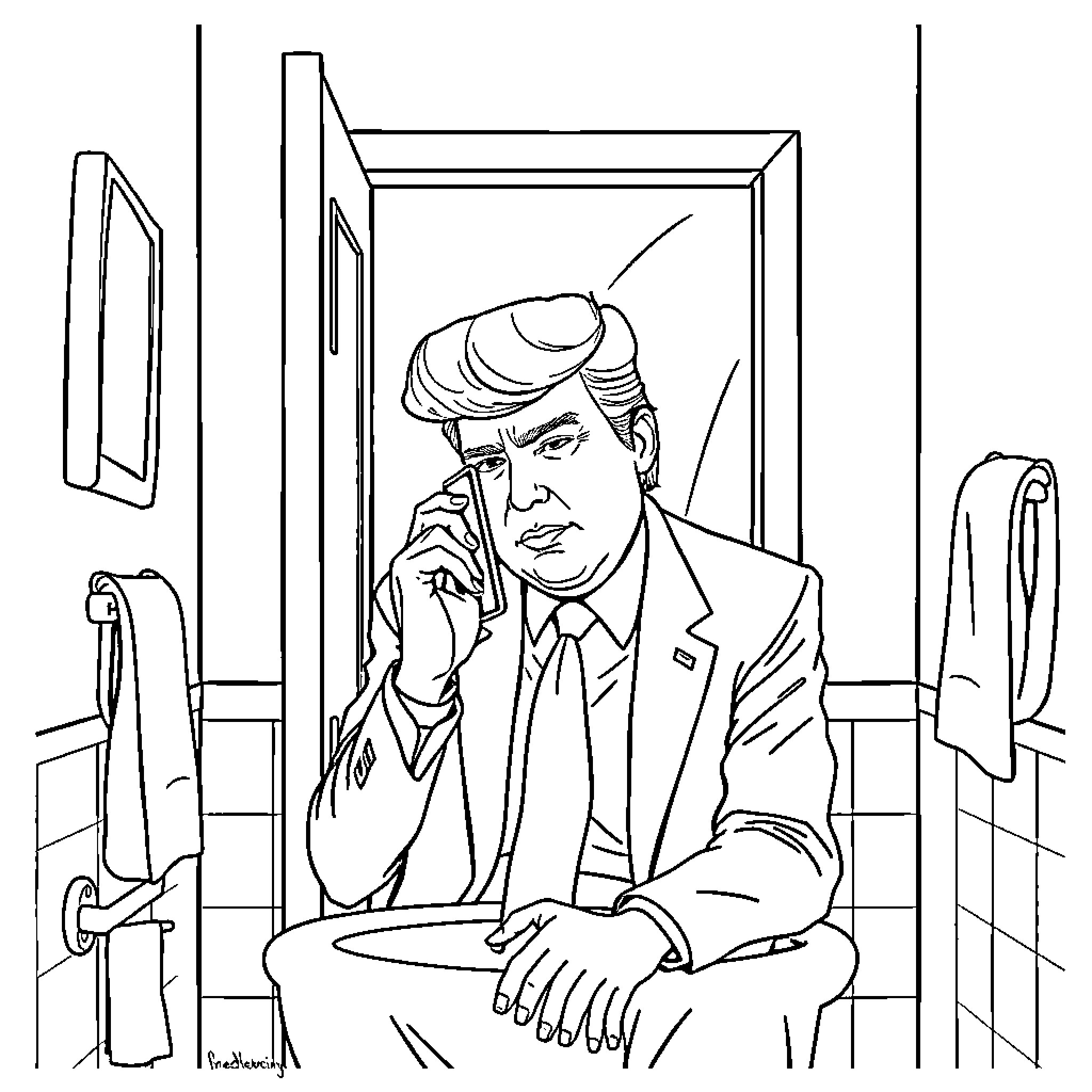Donald Trump sitting alone in contemplation Coloring Page (free black-and-white line drawing printable PDF for all, from beginners to advanced learners, including children, teens, adults, and seniors)