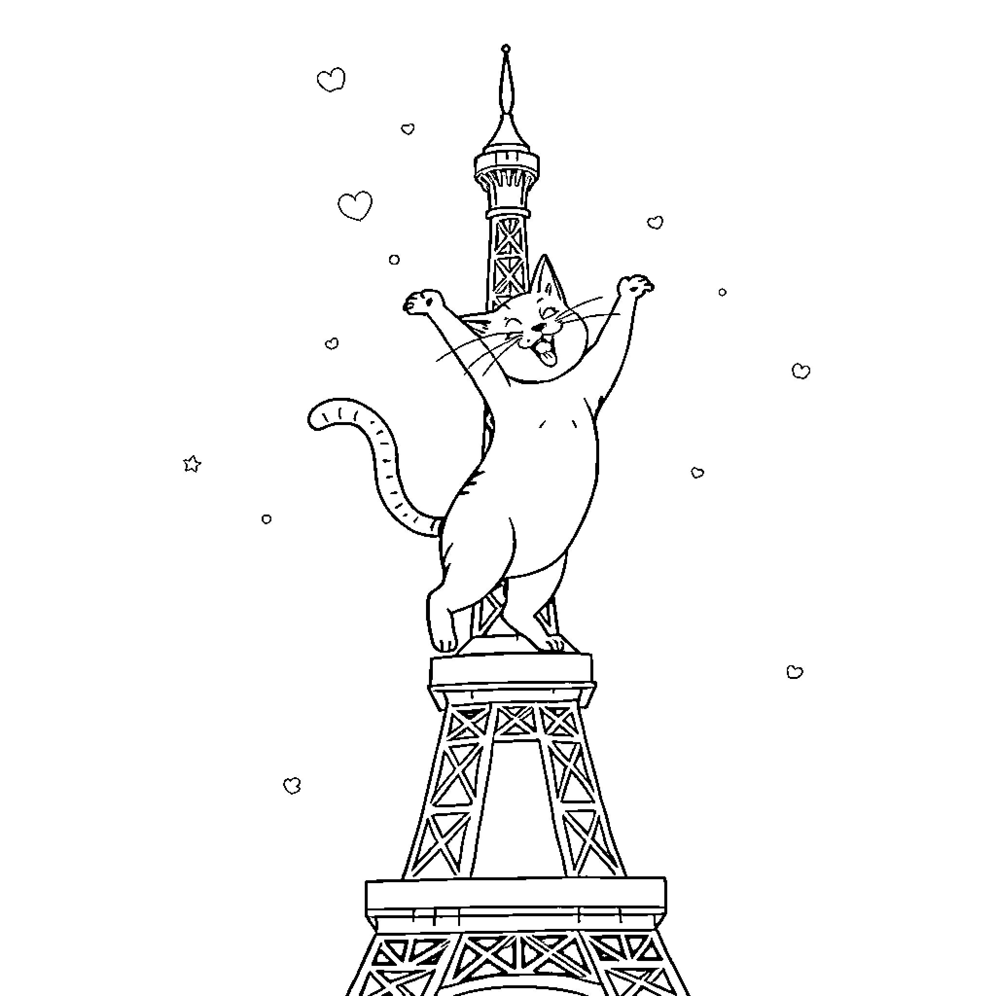 Chat with a cheerful creature on the Eiffel Tower Coloring Page (free black-and-white line drawing printable PDF for all, from beginners to advanced learners, including children, teens, adults, and seniors)
