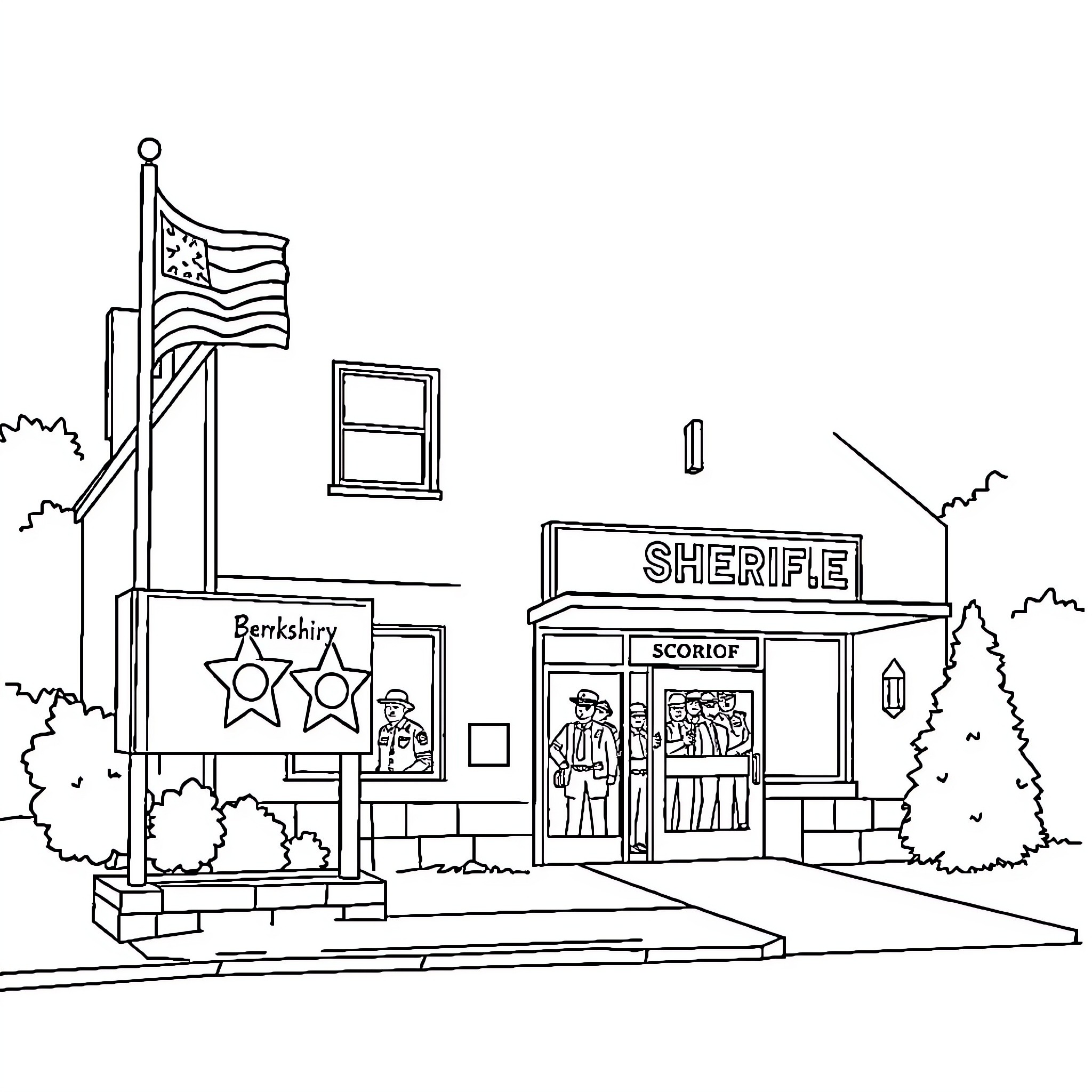 Sheriff's office with American flag and signage Coloring Page (free black-and-white line drawing printable PDF for all, from beginners to advanced learners, including children, teens, adults, and seniors)
