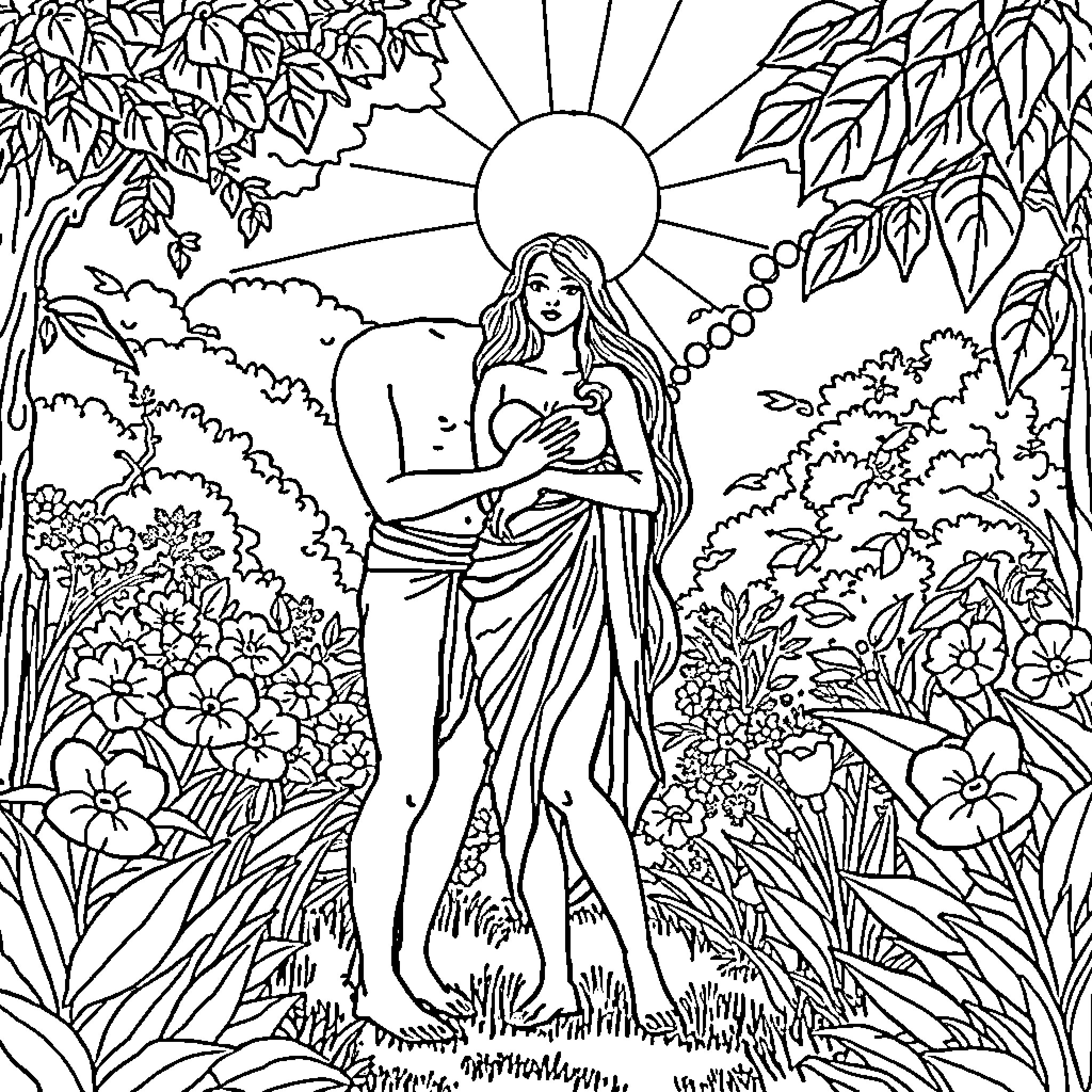 Adam and Eve in the Garden of Eden Coloring Page (free black-and-white line drawing printable PDF for all, from beginners to advanced learners, including children, teens, adults, and seniors)