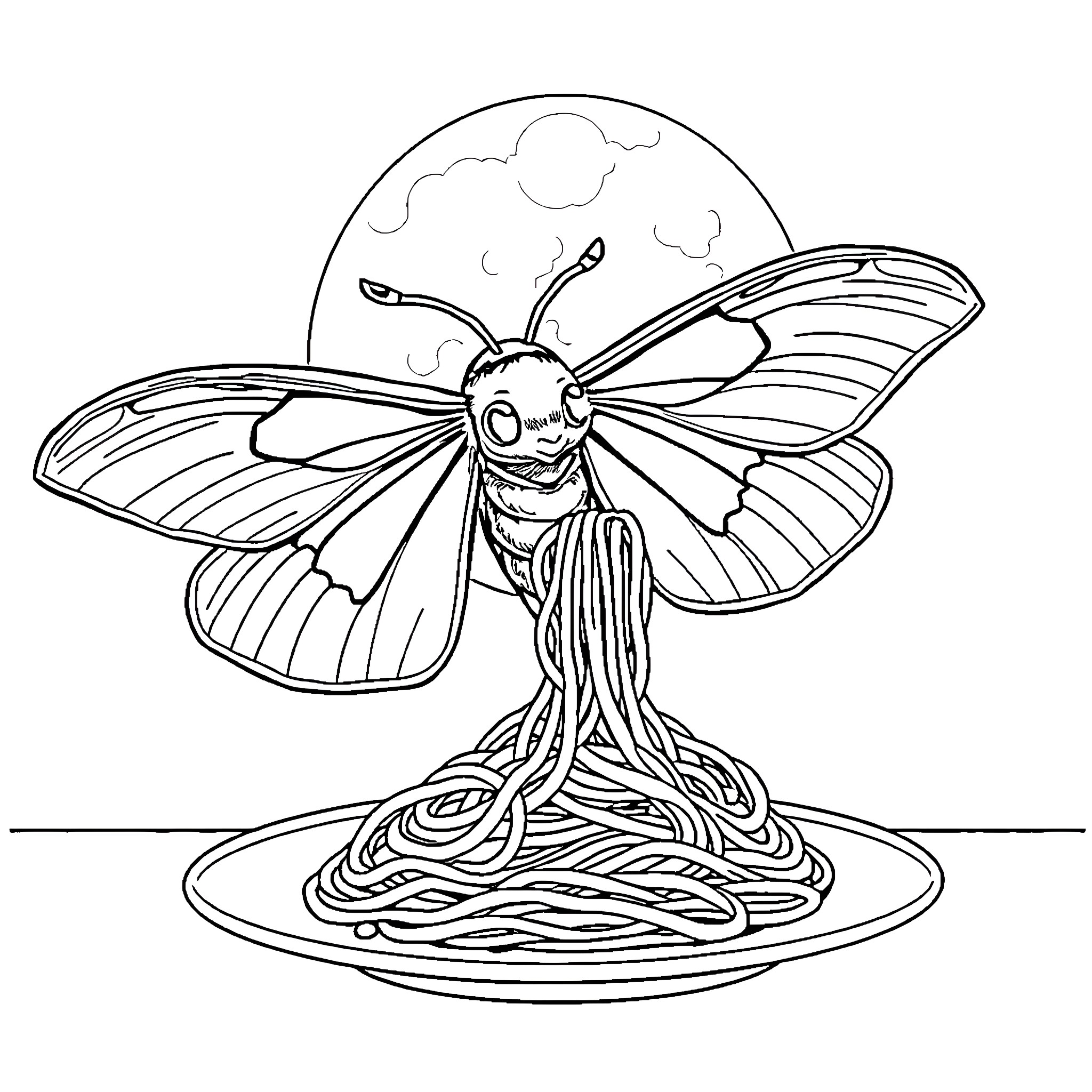 Lunar Moth enjoying pasta in the moonlight Coloring Page (free black-and-white line drawing printable PDF for all, from beginners to advanced learners, including children, teens, adults, and seniors)