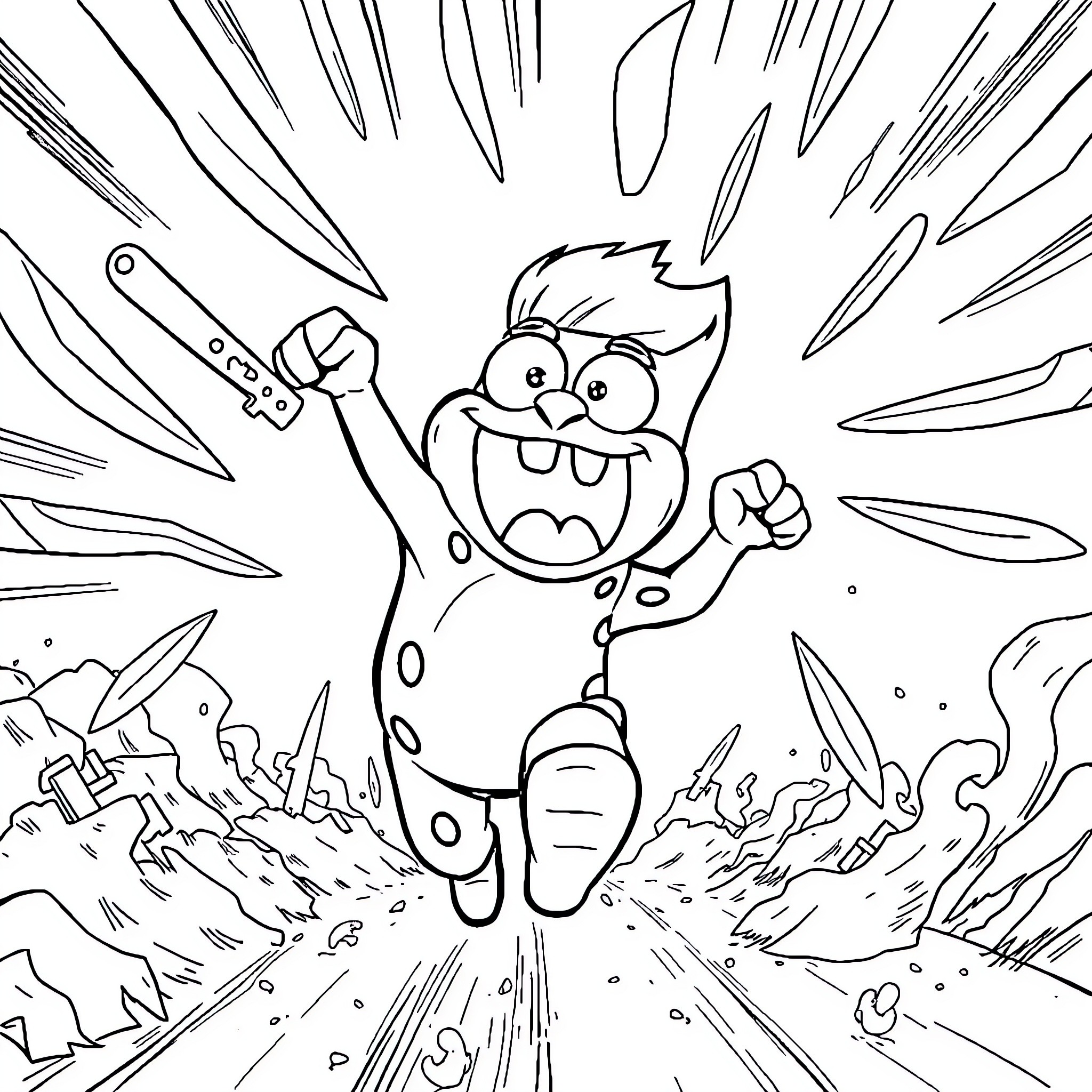 Ananas character's wild adventure Coloring Page (free black-and-white line drawing printable PDF for all, from beginners to advanced learners, including children, teens, adults, and seniors)