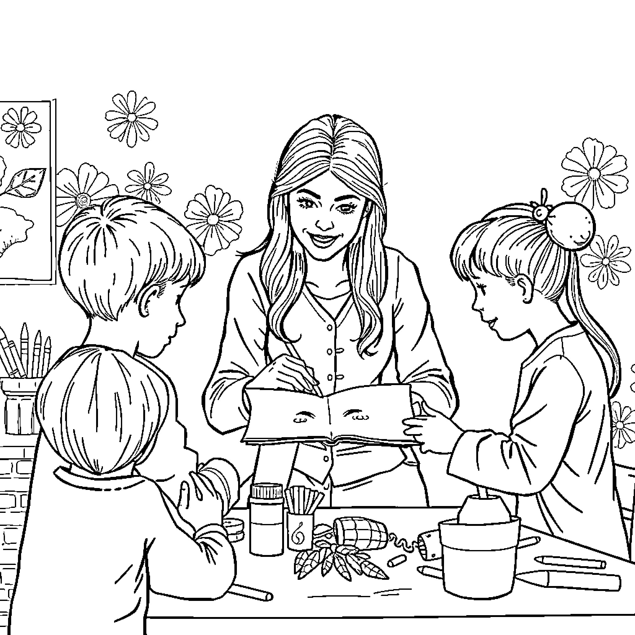 Teacher guiding students during an art project Coloring Page (free black-and-white line drawing printable PDF for all, from beginners to advanced learners, including children, teens, adults, and seniors)